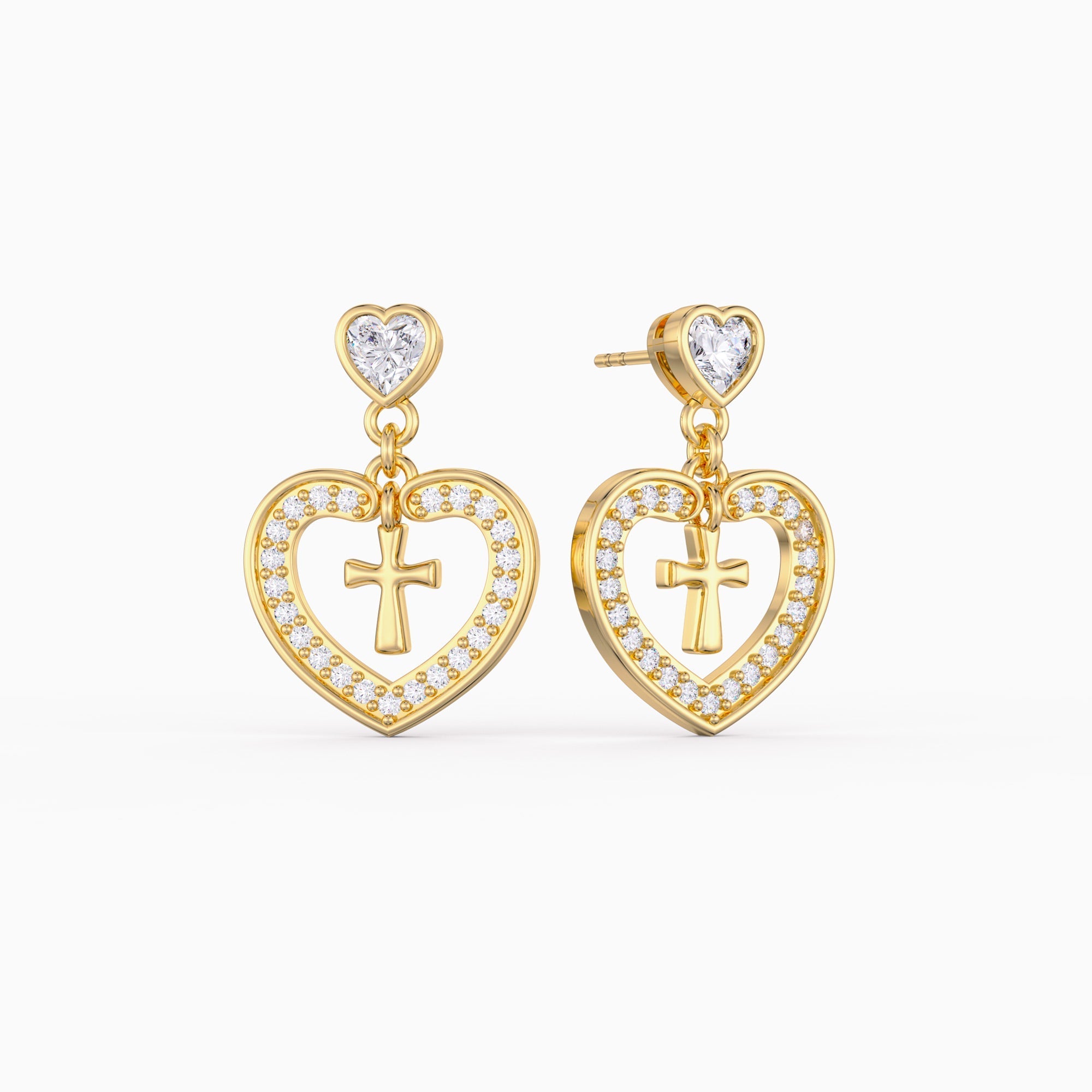 Divine Love Dangling Cross Heart Bezel Earrings