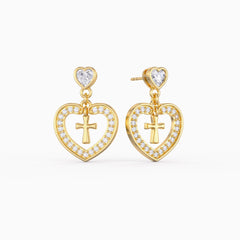 Divine Love Dangling Cross Heart Bezel Earrings