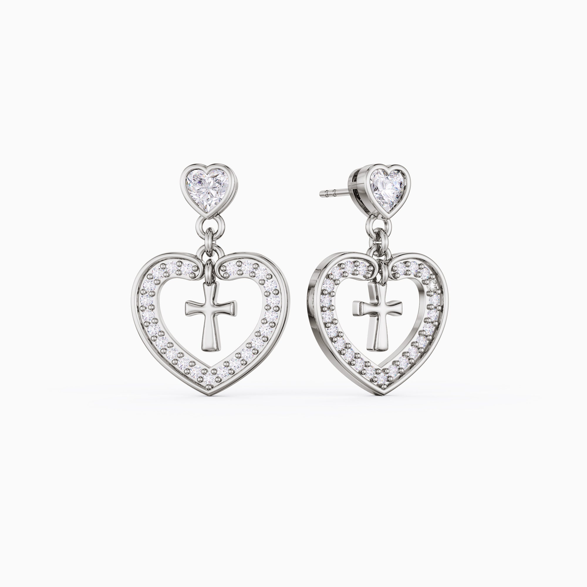 Divine Love Dangling Cross Heart Bezel Earrings
