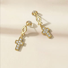 Ichthys Cross Dangle Stud Earrings