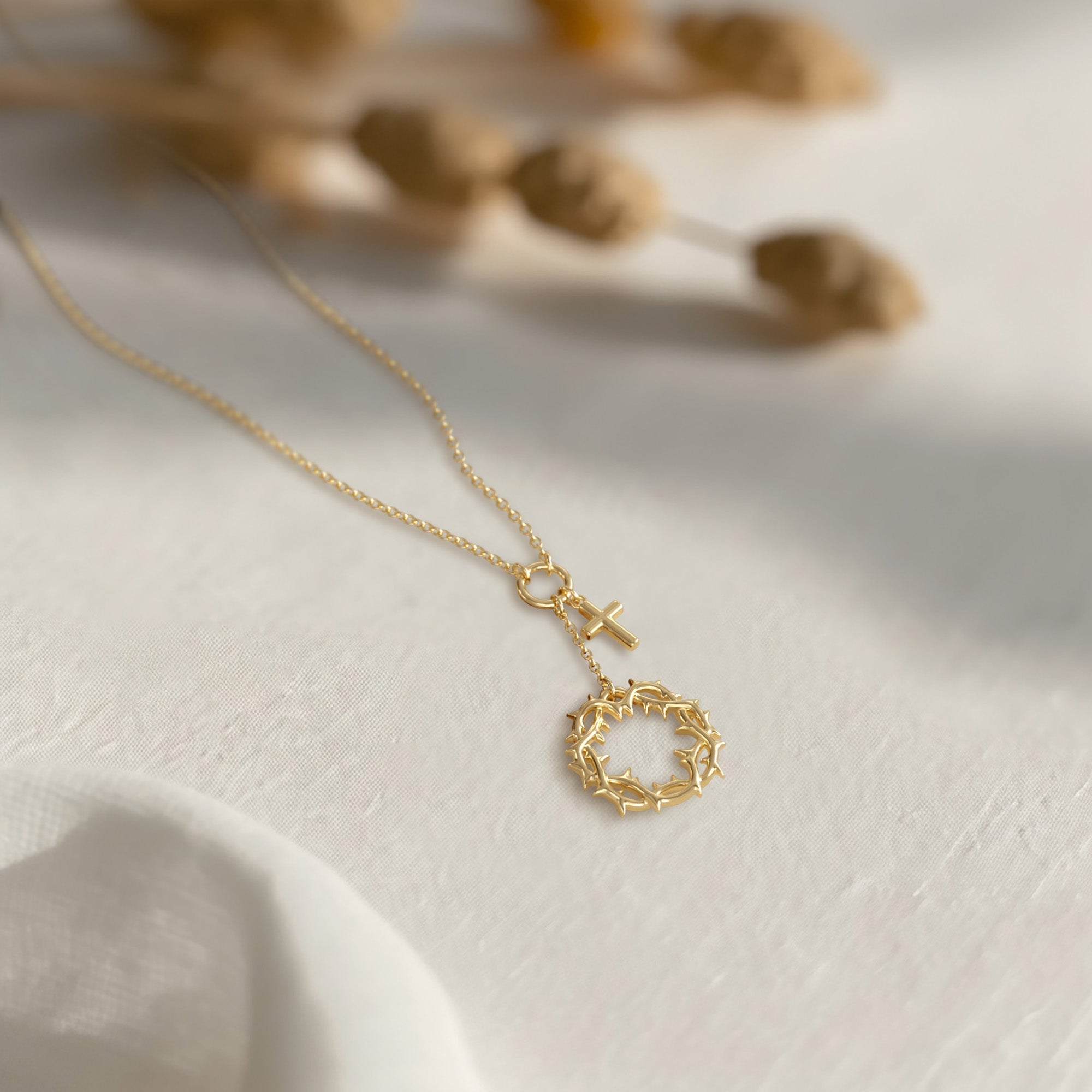 Gold Crown of Thorns Cross Necklace