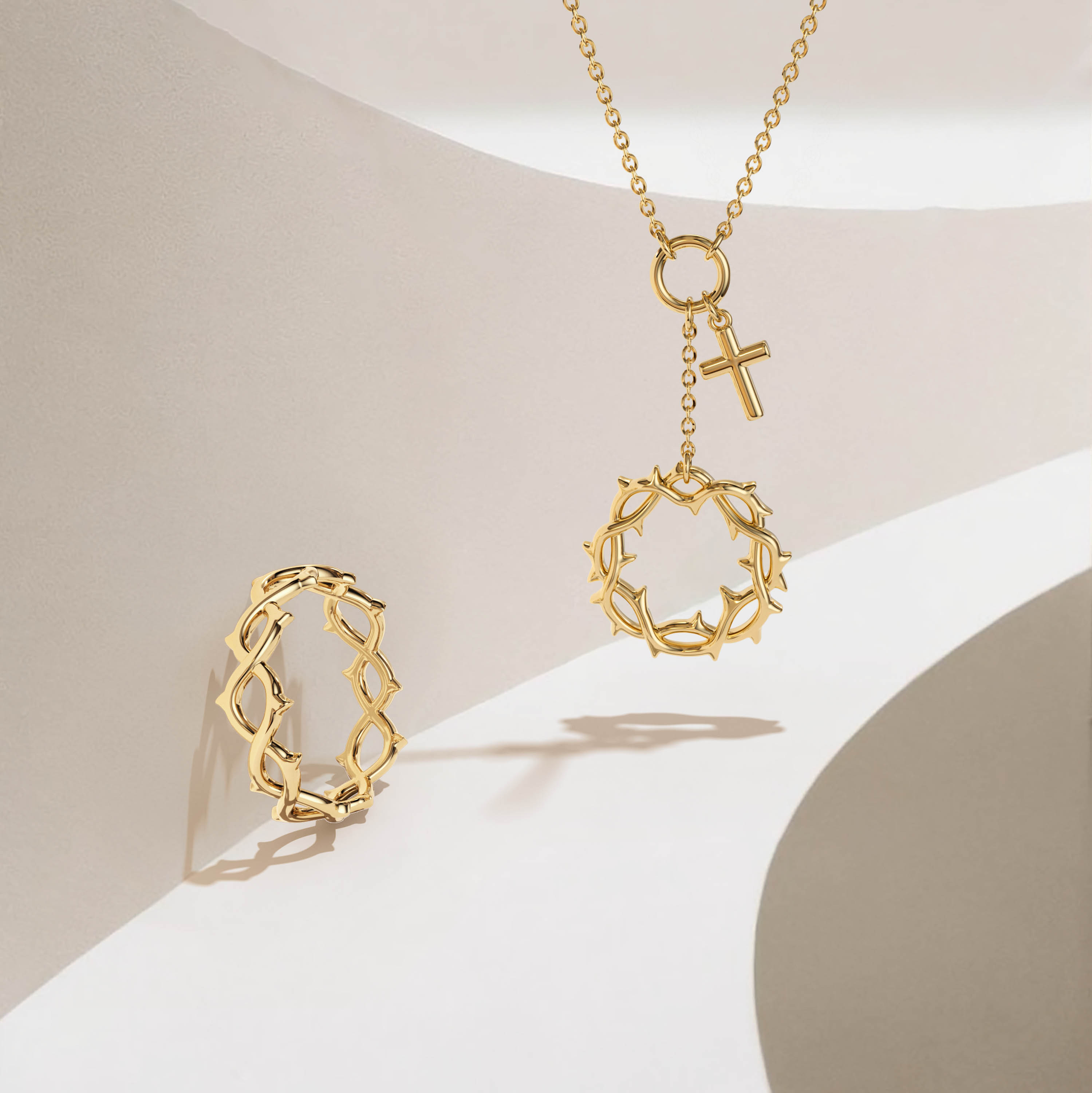 Gold Crown of Thorns Cross Necklace