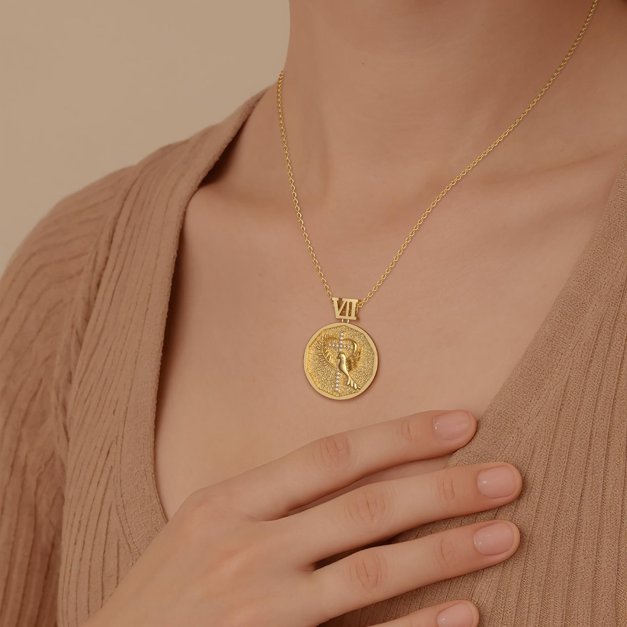 Promised Land Cross Dove of Peace with Olive Branch Coin Medallion Necklace