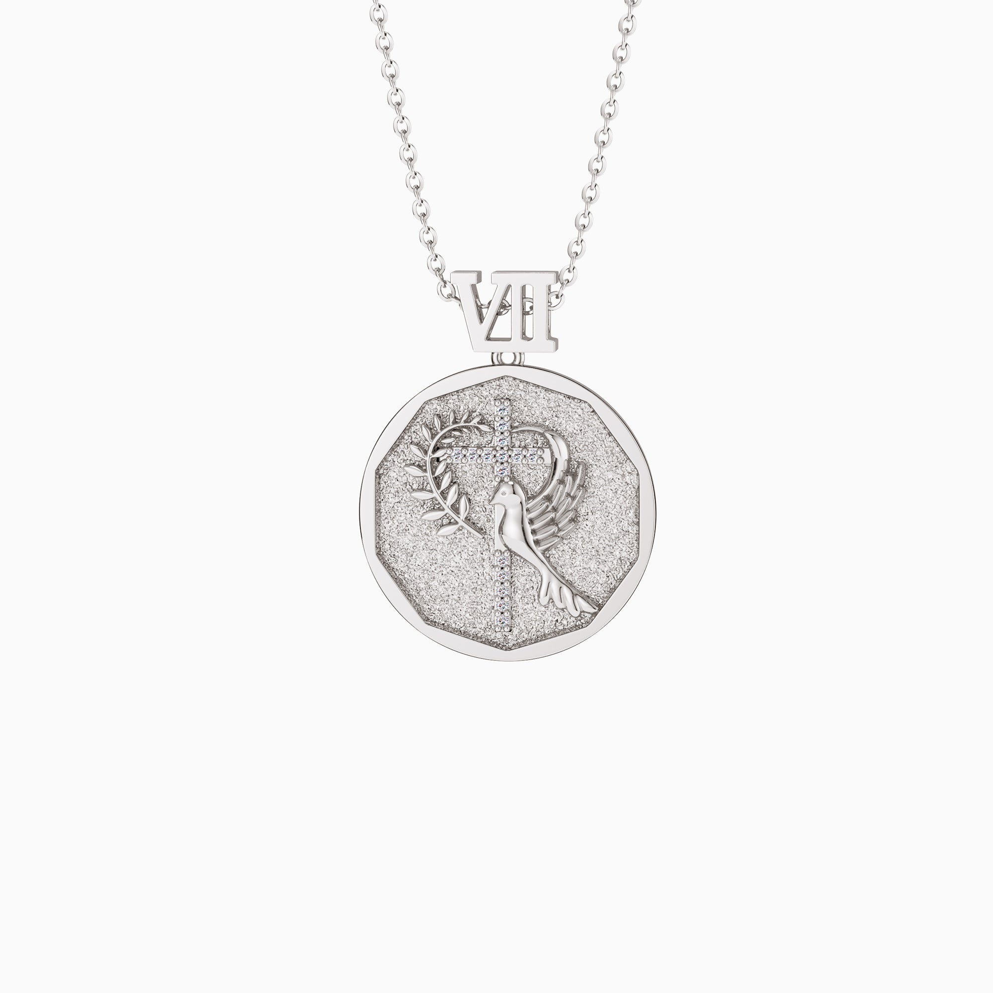 Promised Land Cross Dove of Peace with Olive Branch Coin Medallion Necklace