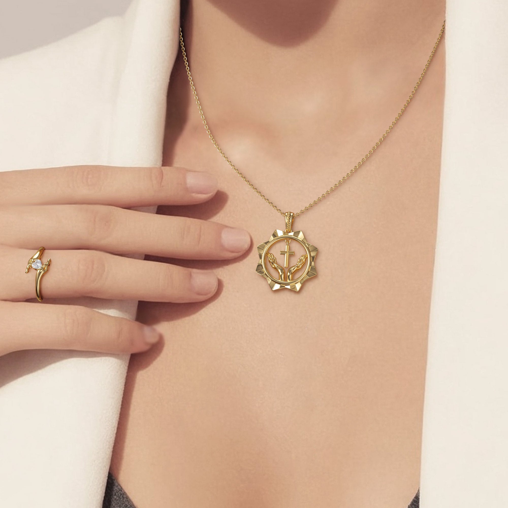Divine Radiance Praying Hands Cross Pendant Necklace