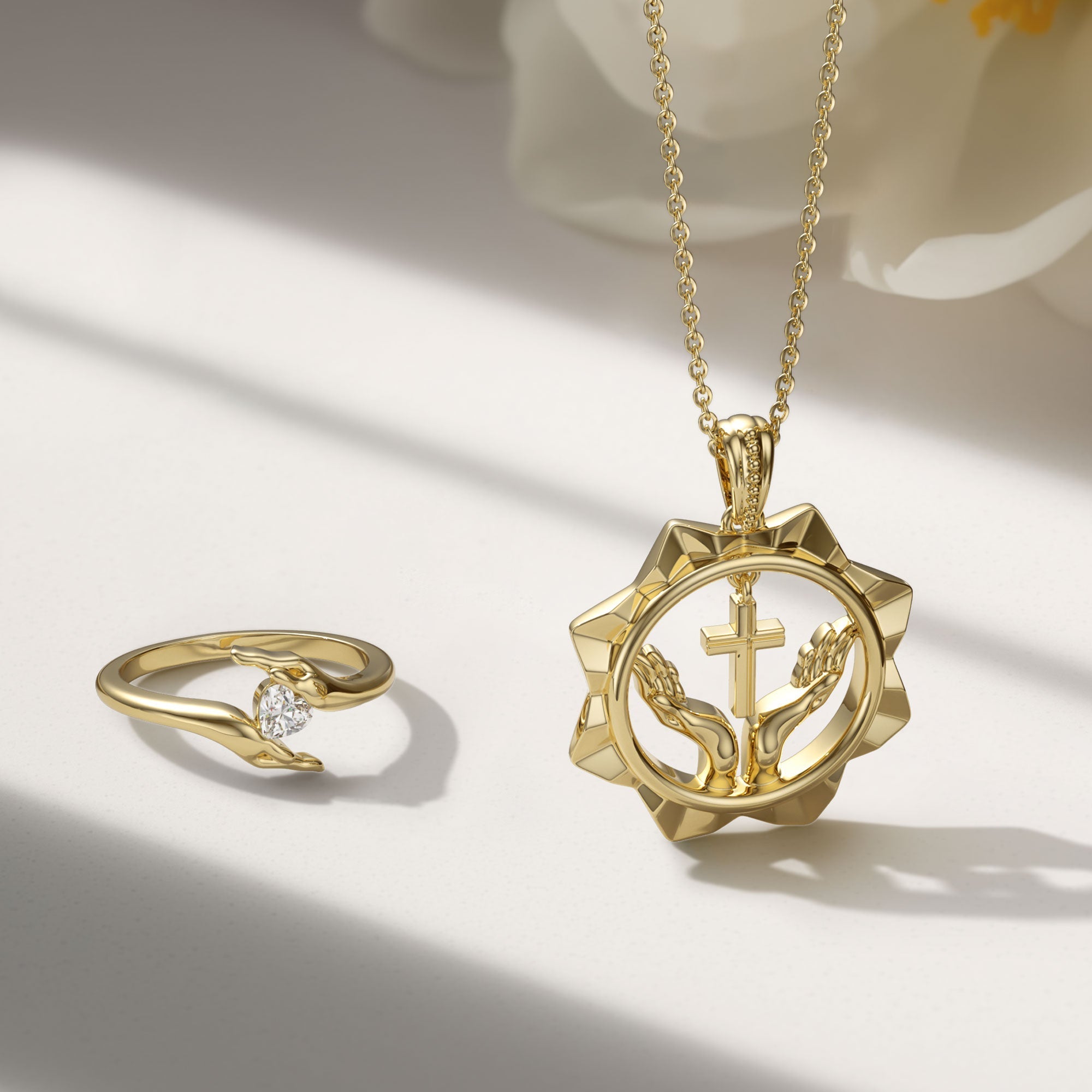 Divine Radiance Praying Hands Cross Pendant Necklace