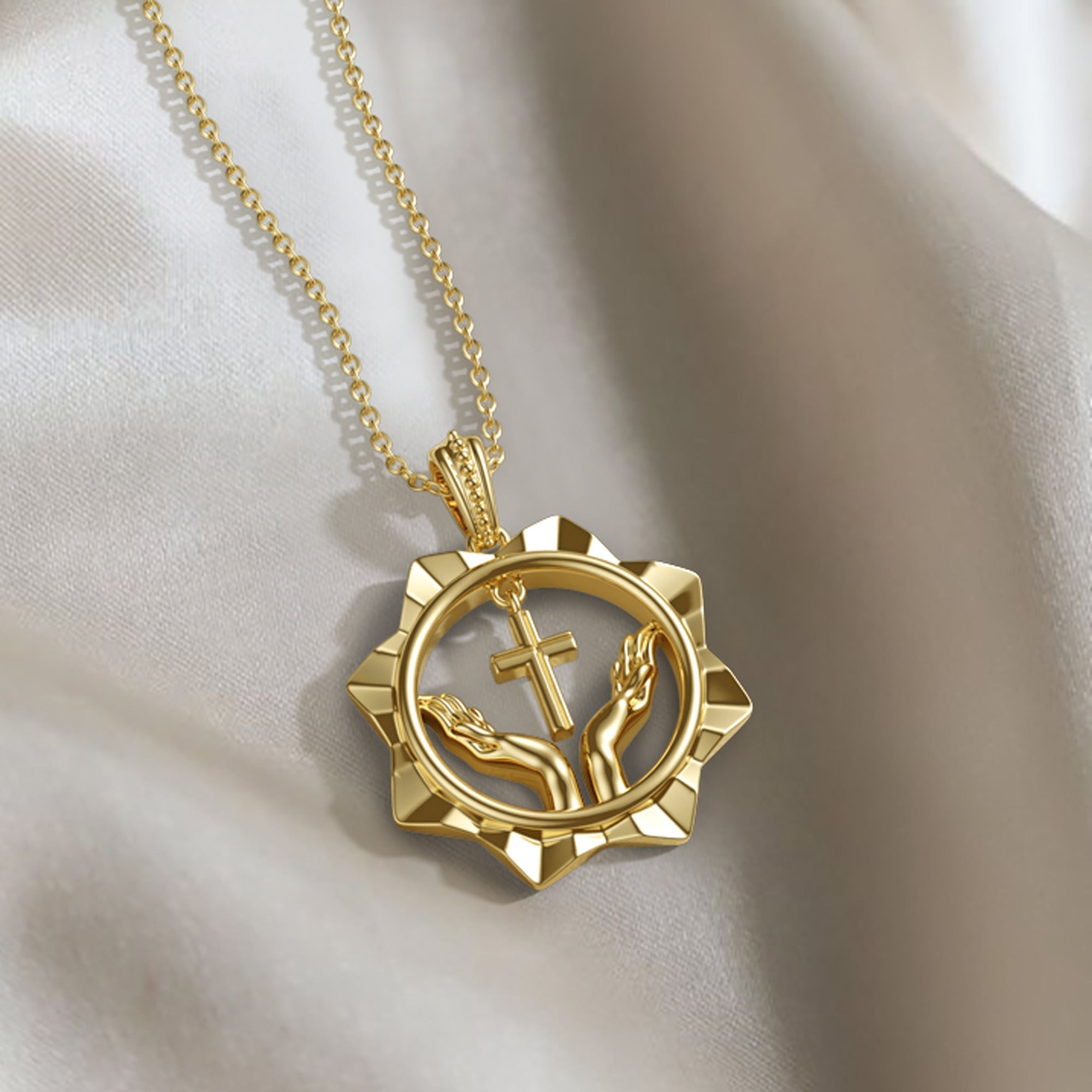 Divine Radiance Praying Hands Cross Pendant Necklace