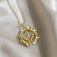 Divine Radiance Praying Hands Cross Pendant Necklace