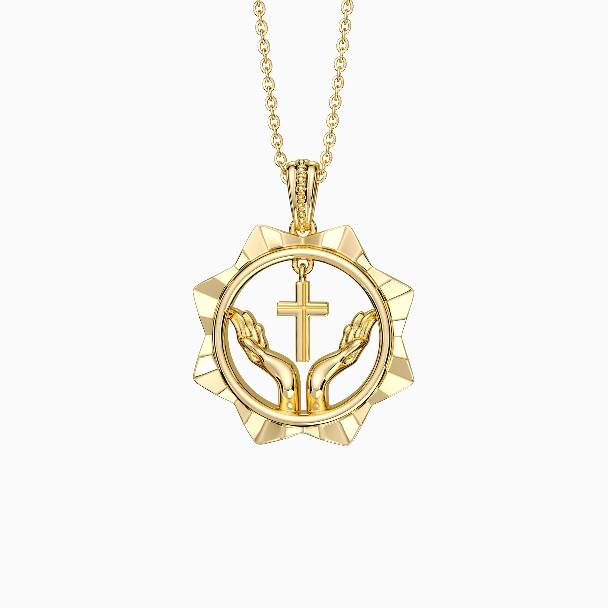 Divine Radiance Praying Hands Cross Pendant Necklace