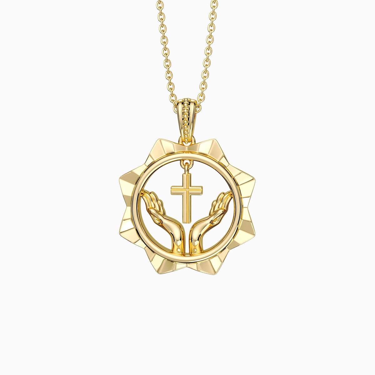 Divine Radiance Praying Hands Cross Pendant Necklace