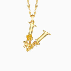 Violet Blossom Letter V Pendant Necklace