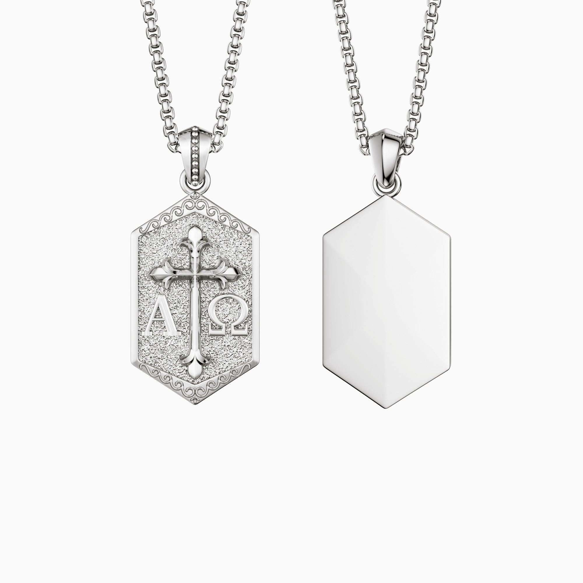 Hexagonal Alpha Omega Cross Medallion Necklace
