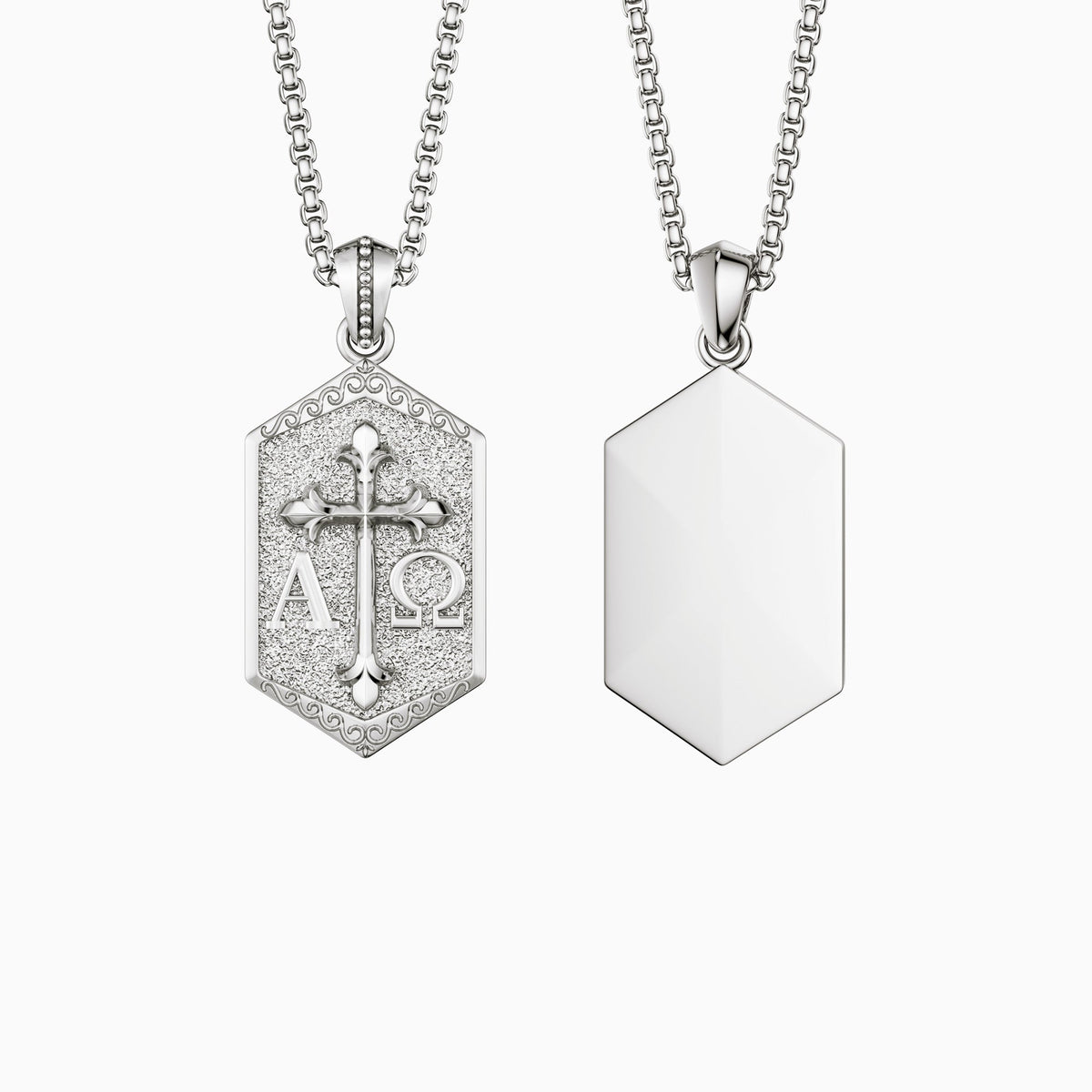 Hexagonal Alpha Omega Cross Medallion Necklace