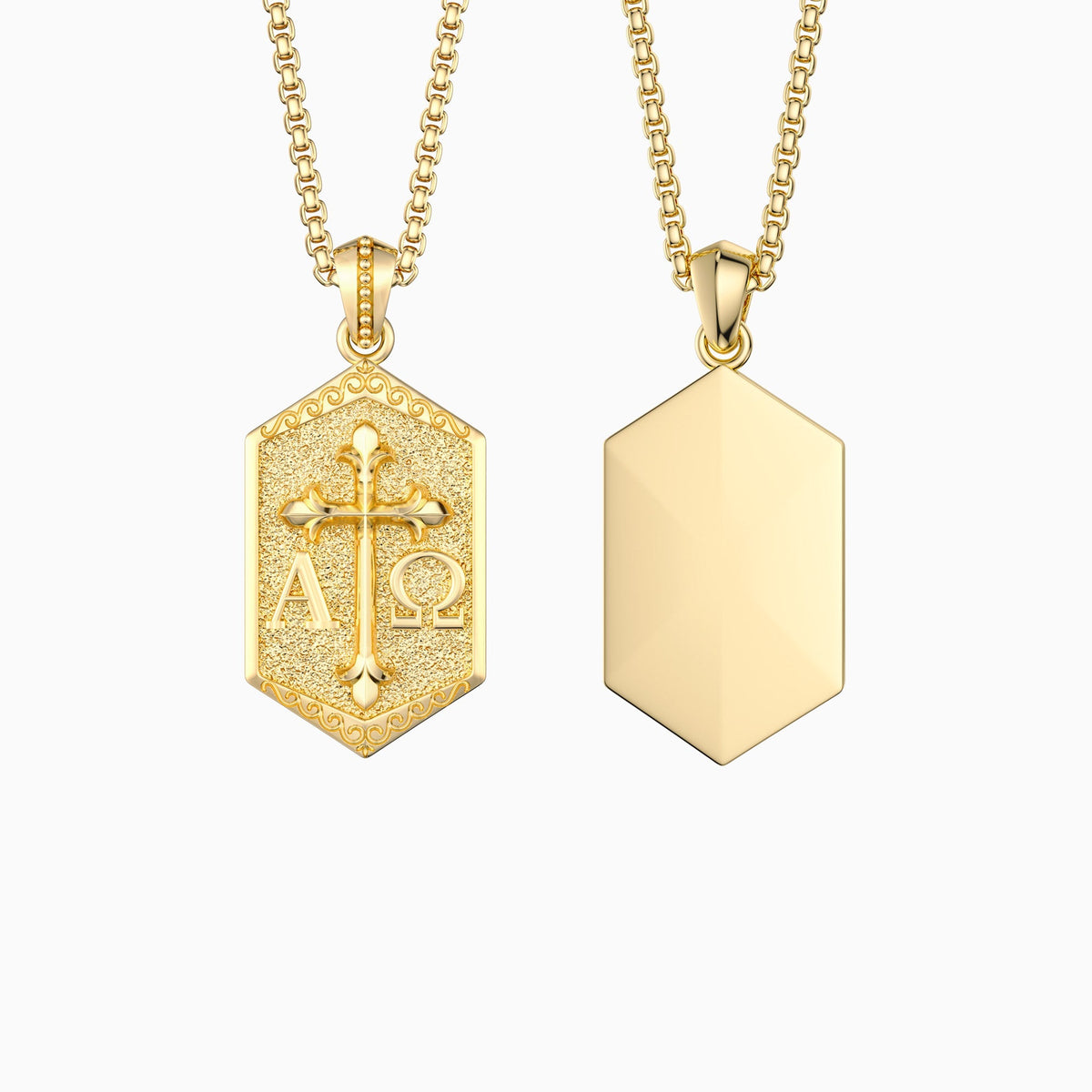 Personalized Hexagonal Alpha Omega Cross Medallion Necklace