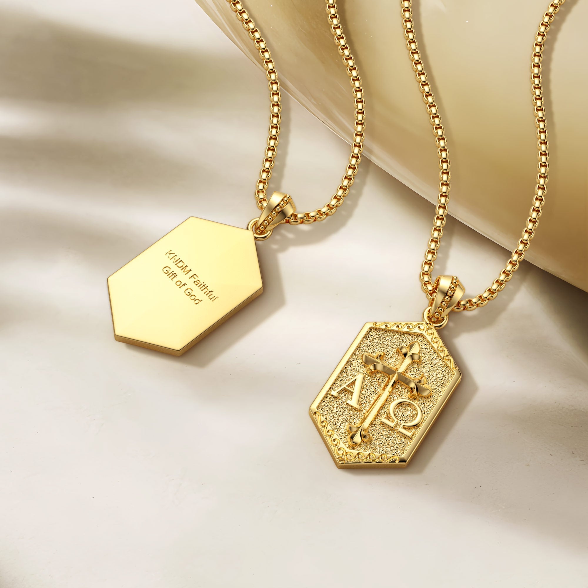 Personalized Hexagonal Alpha Omega Cross Medallion Necklace