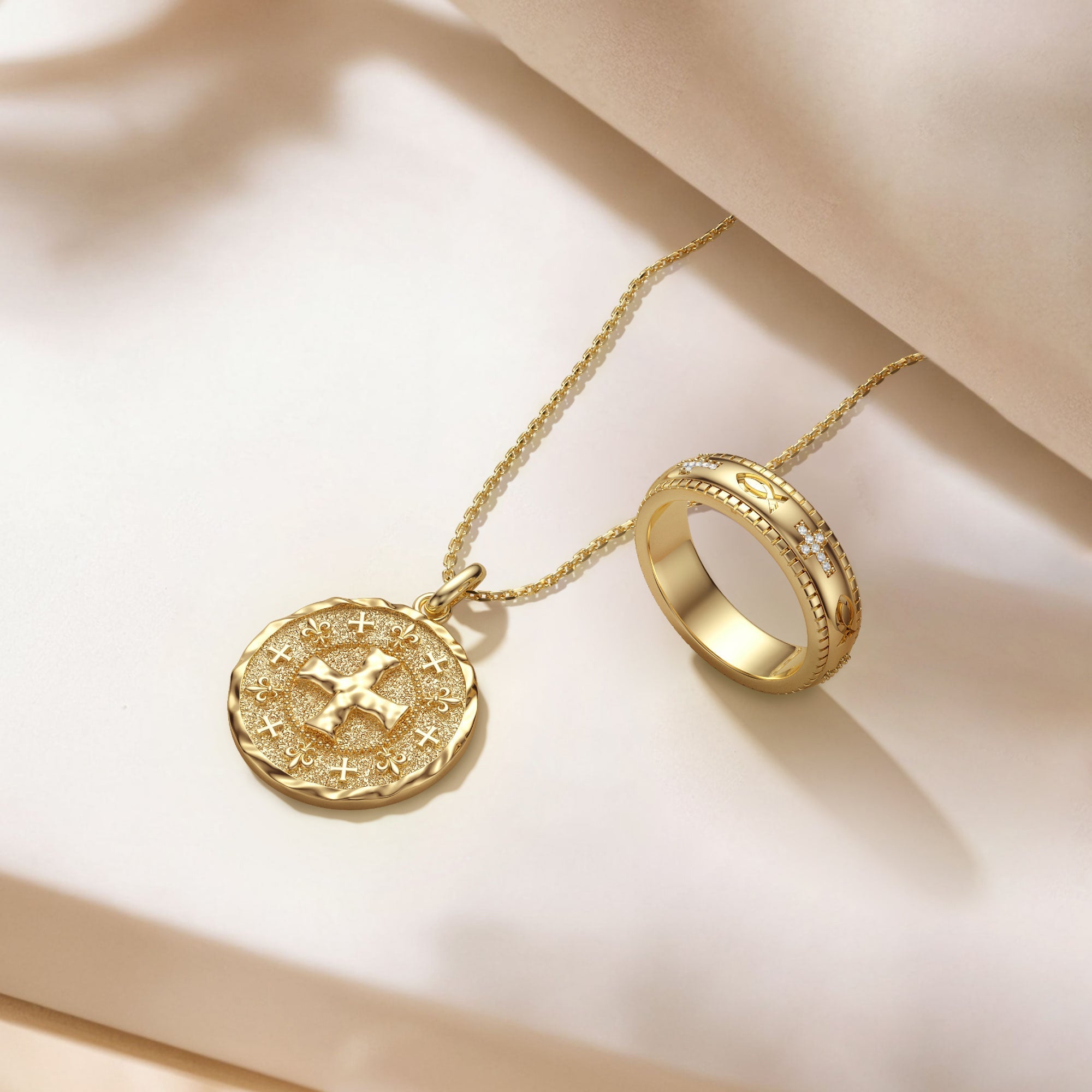 Gothic Liquid Lava Cross Fleur-de-Lis Medallion Necklace