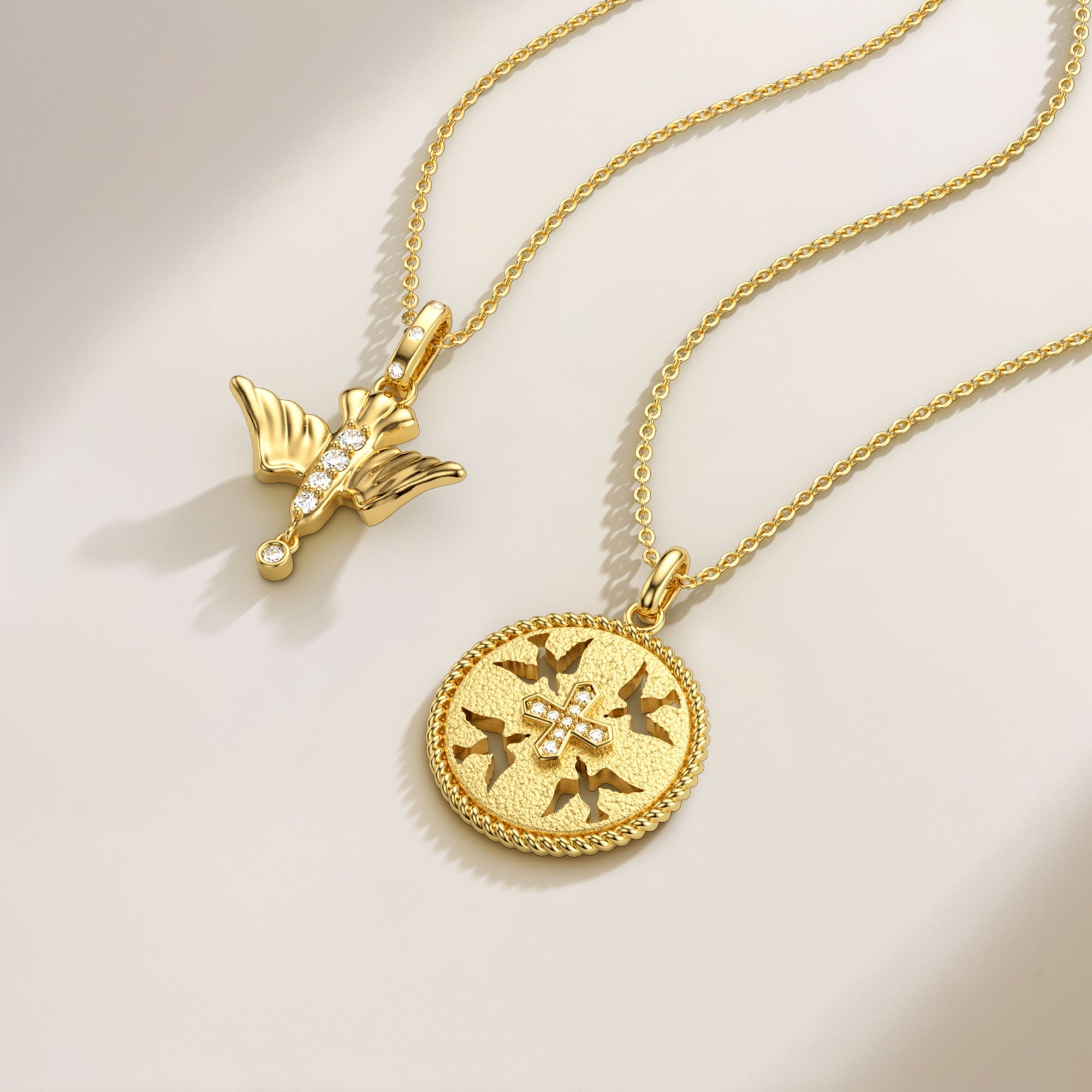 Boundless Love Cut-Out Doves Cross Medallion Necklace