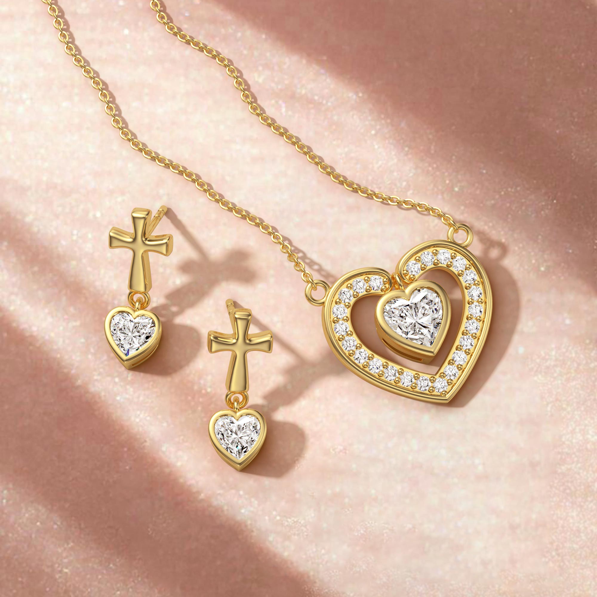Cross Heart Shaped Bezel Dangling Earrings
