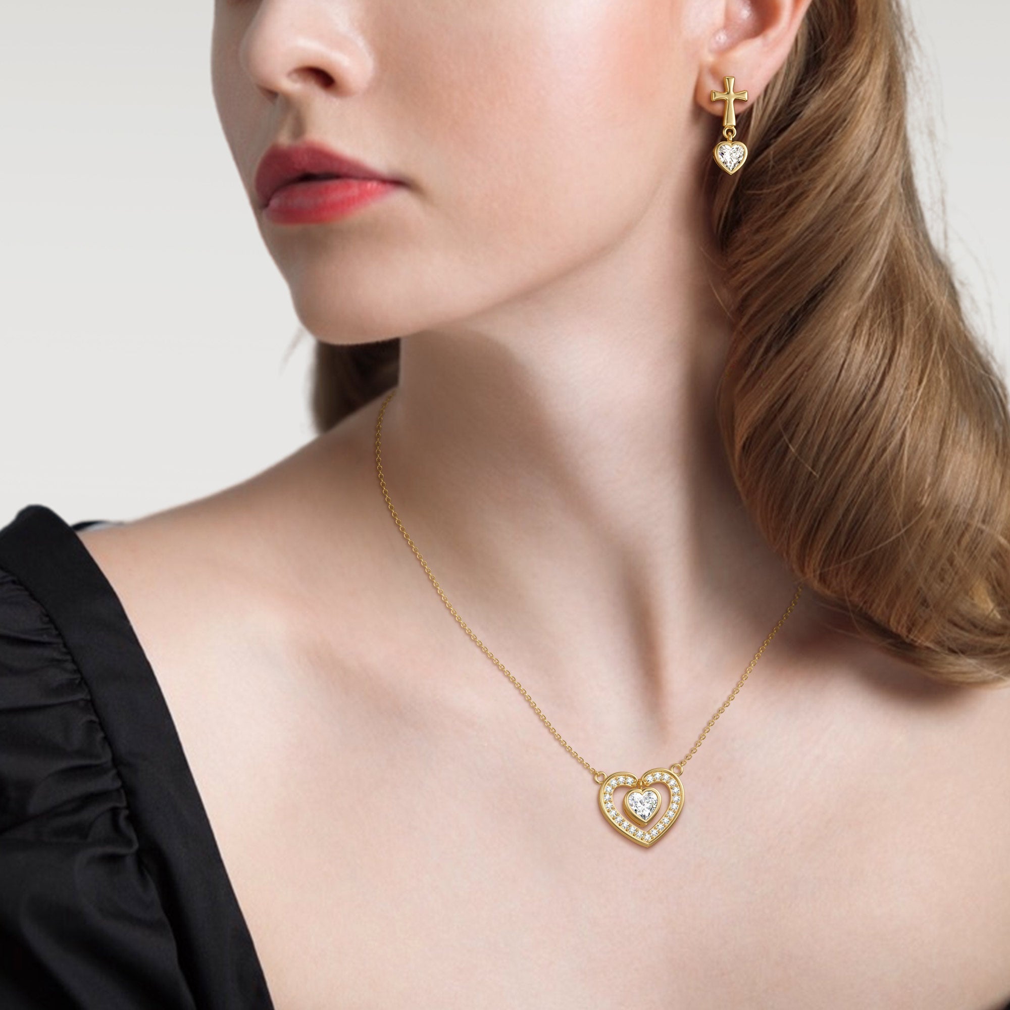 Cross Heart Shaped Bezel Dangling Earrings