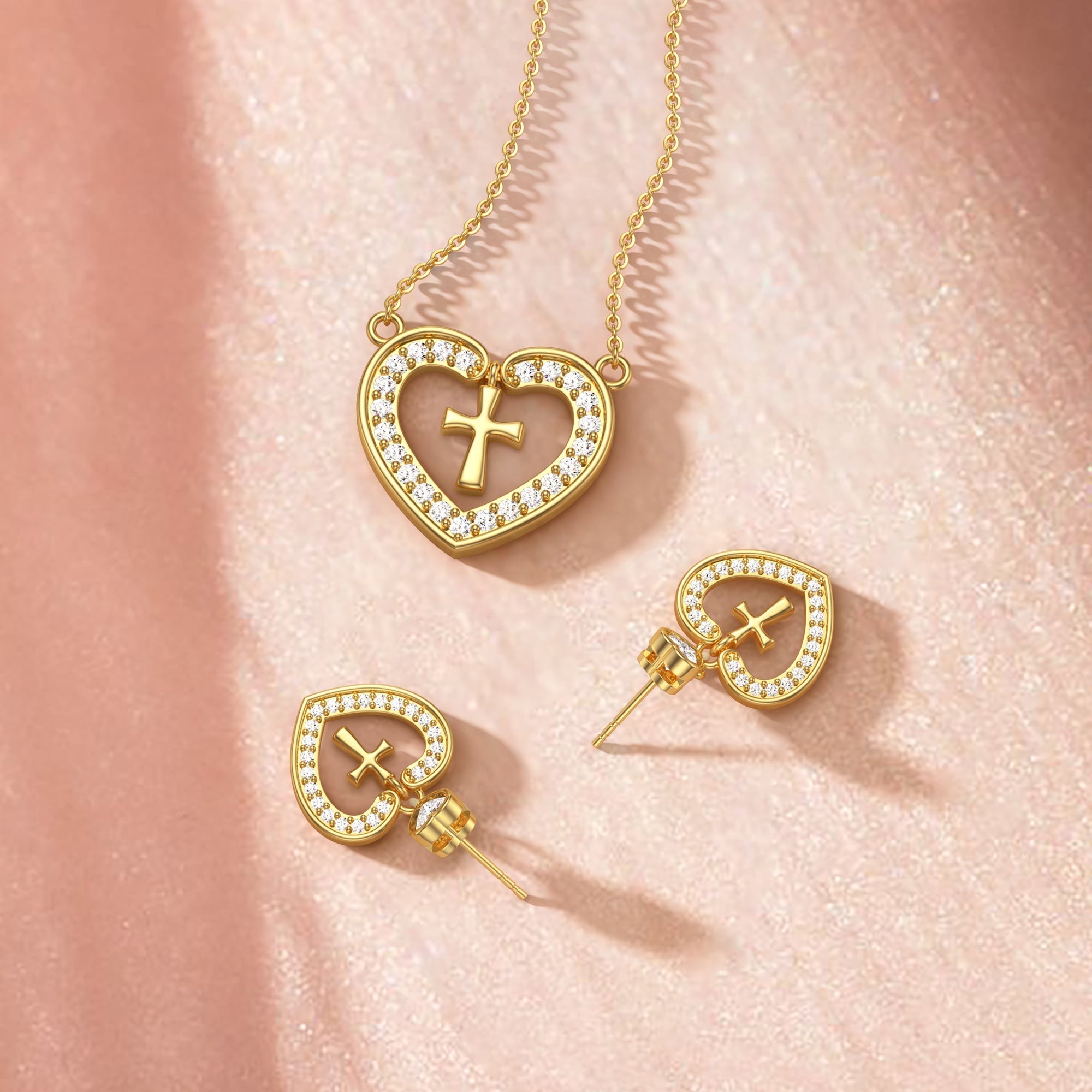 Divine Love Dangling Cross Heart Bezel Earrings