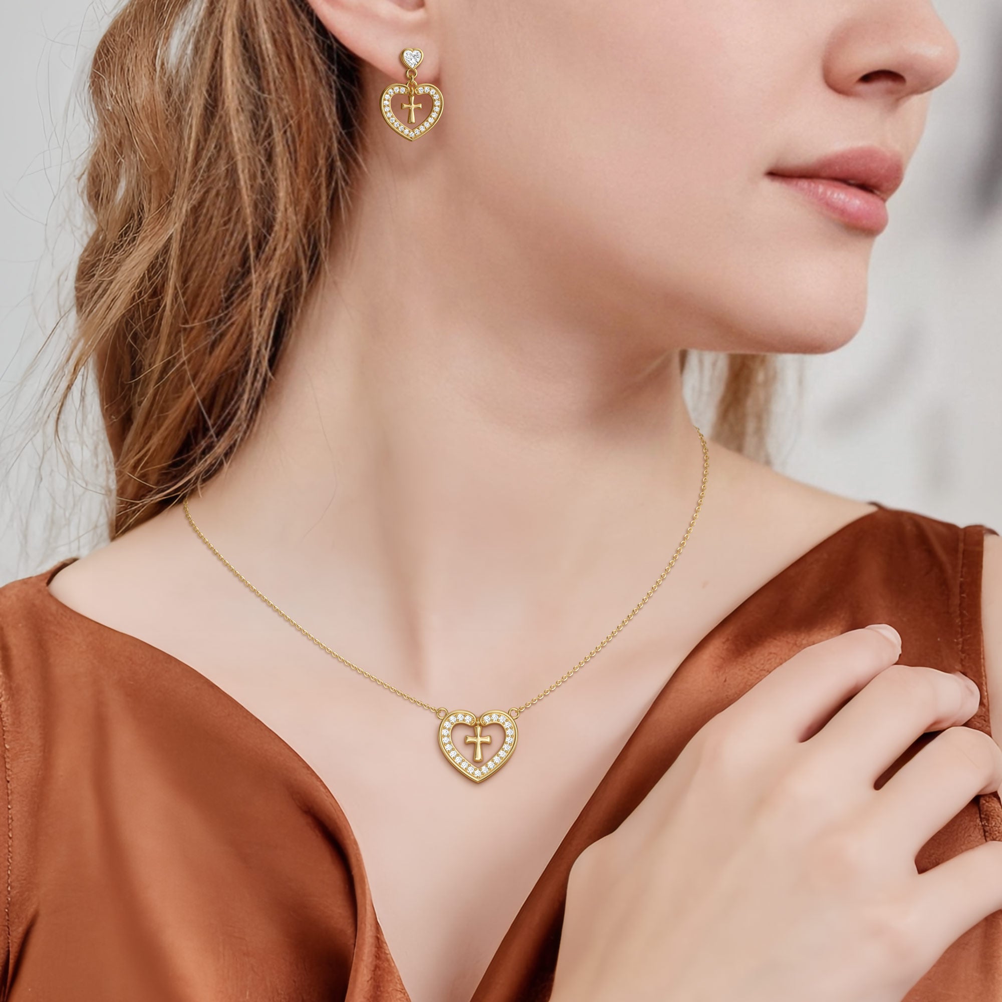 Divine Love Dangling Cross Heart Bezel Earrings