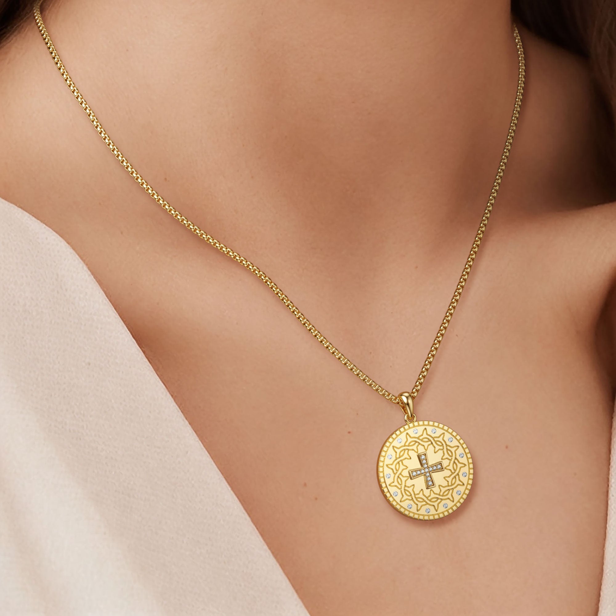 Personalized Cross Crown of Thorns Medallion Necklace