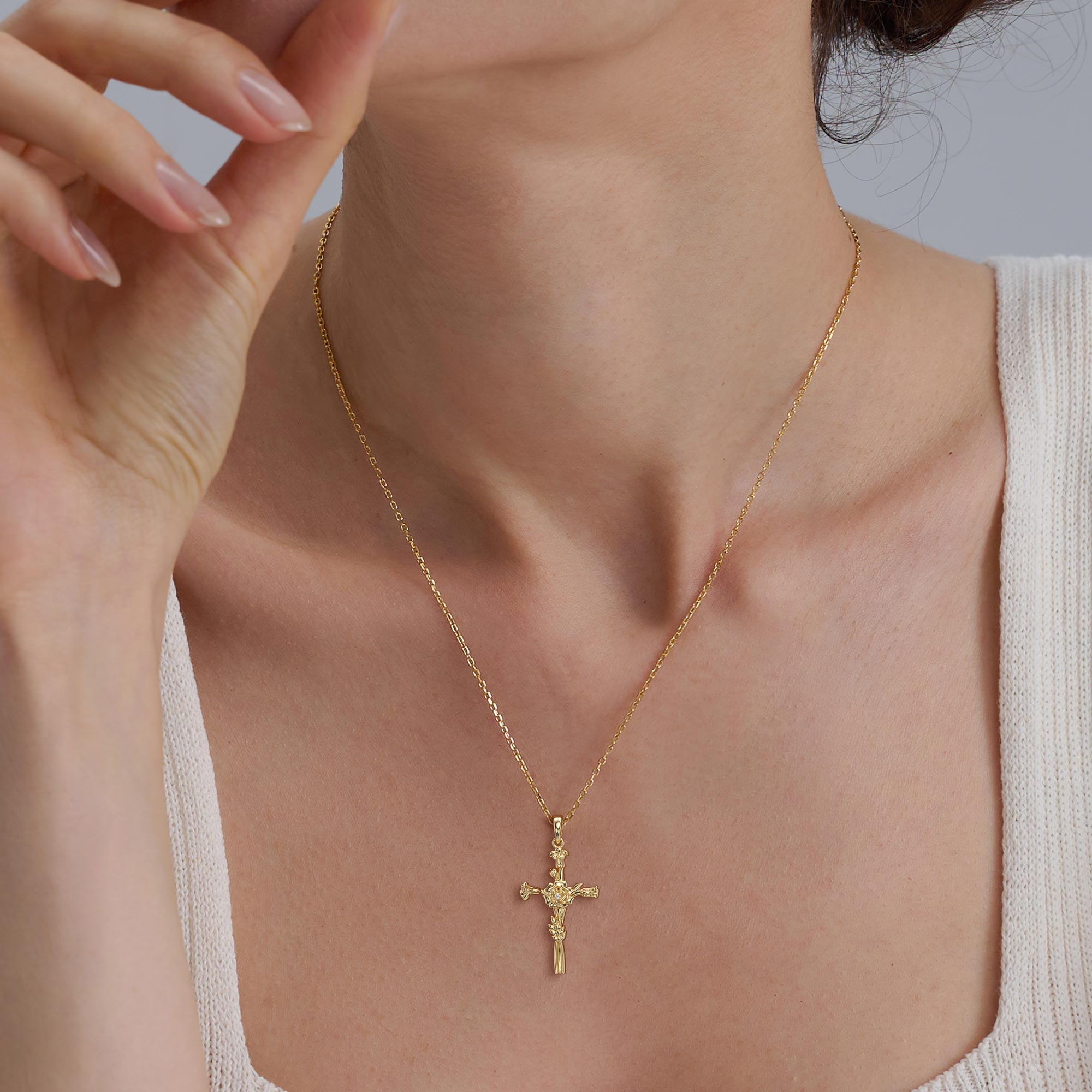 Floral Cross October Marigold Birth Flower Necklace