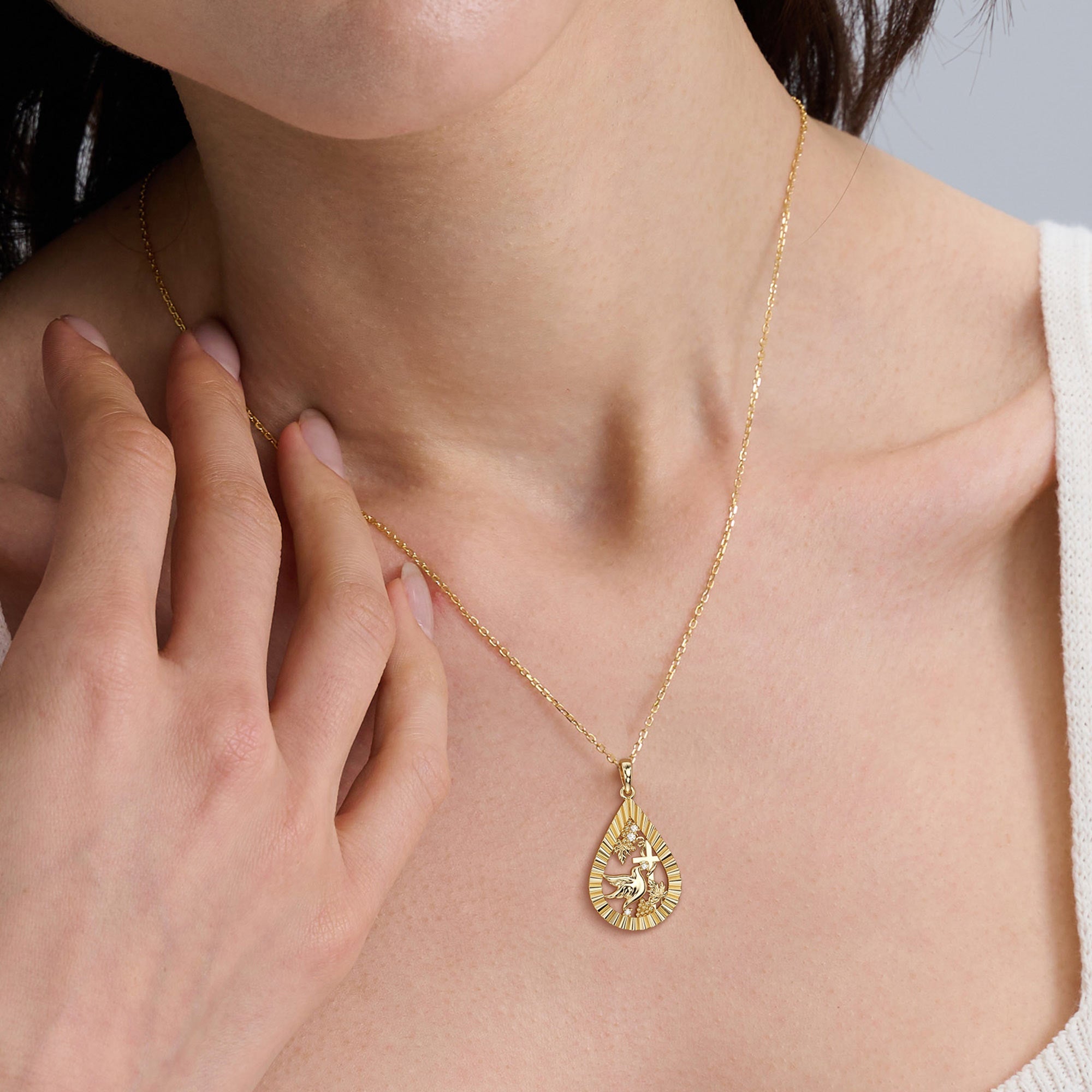 Parable of the Workers in the Vineyard Dove Cross Pear Pendant Necklace