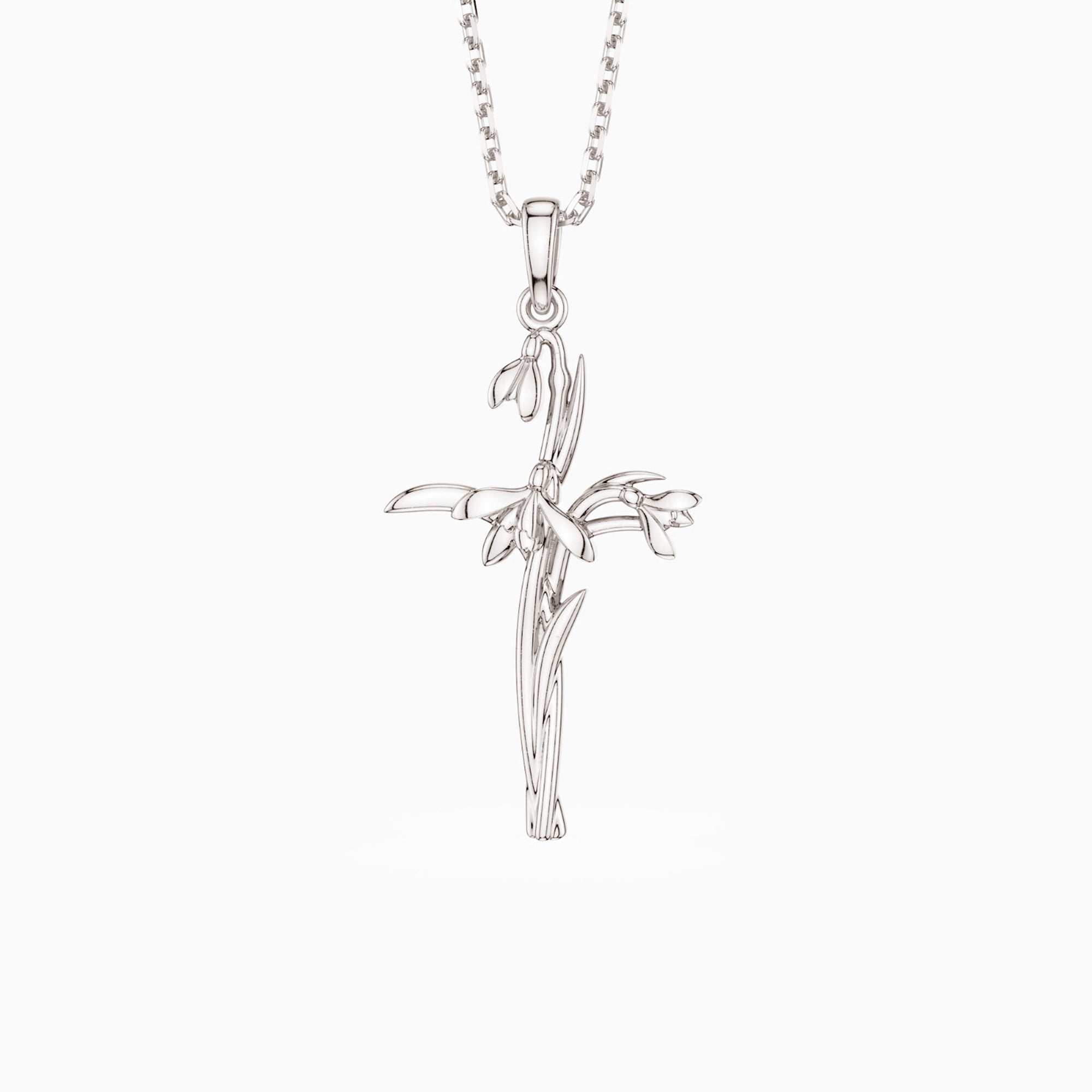 Floral Cross January Snowdrop Birth Flower Necklace