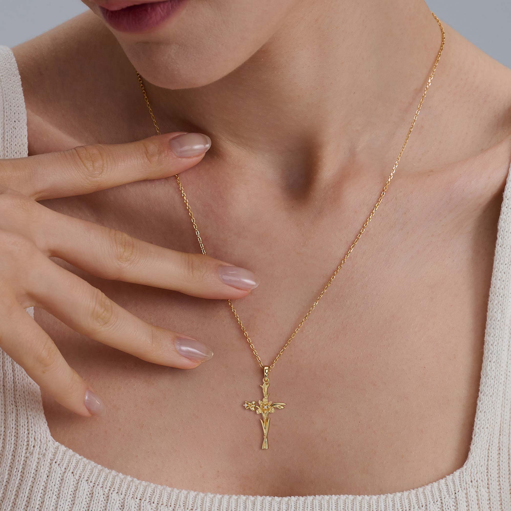 Floral Cross February Iris Birth Flower Necklace