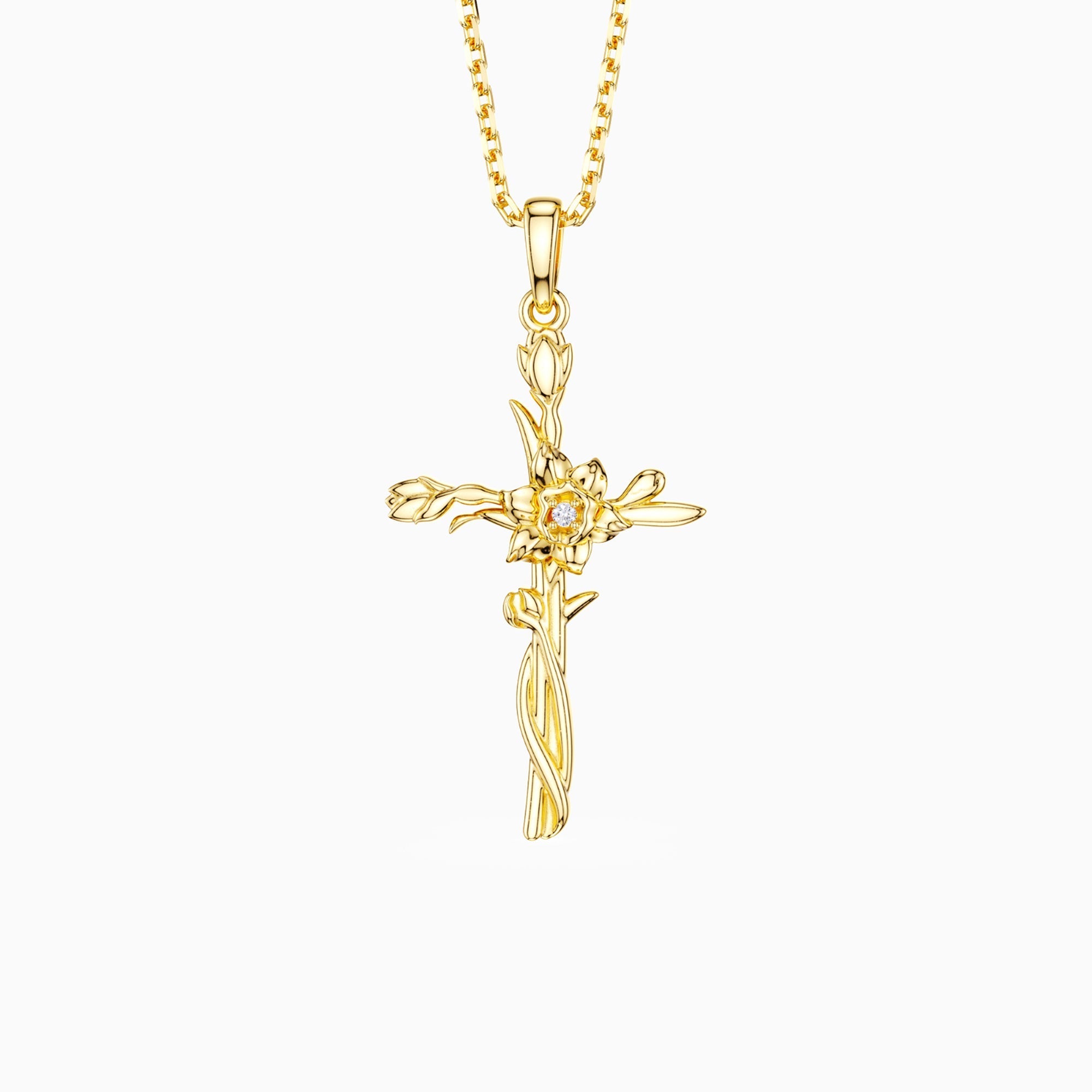 Floral Cross March Daffodils Birth Flower Necklace