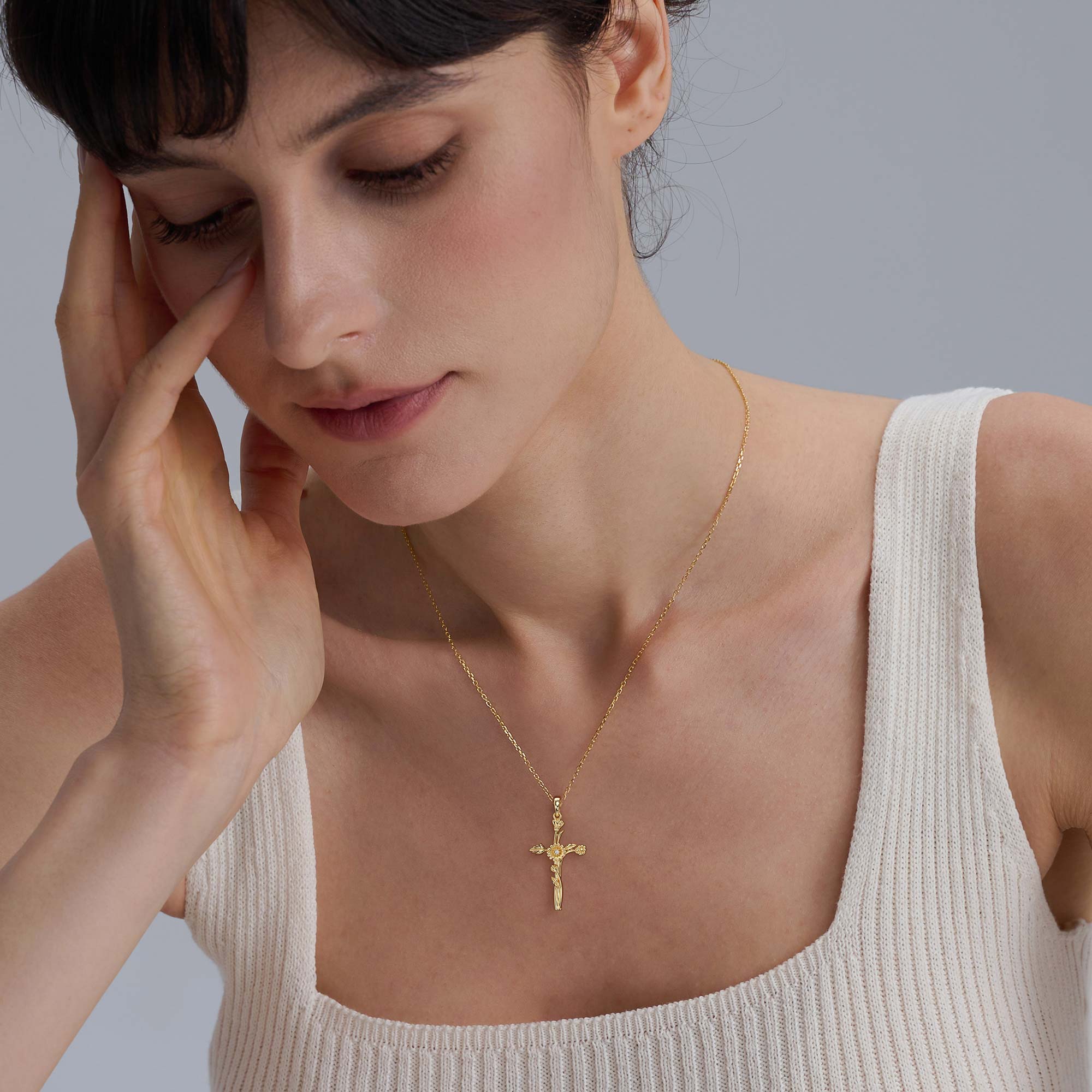 Birth Flower Cross Pendant Necklace