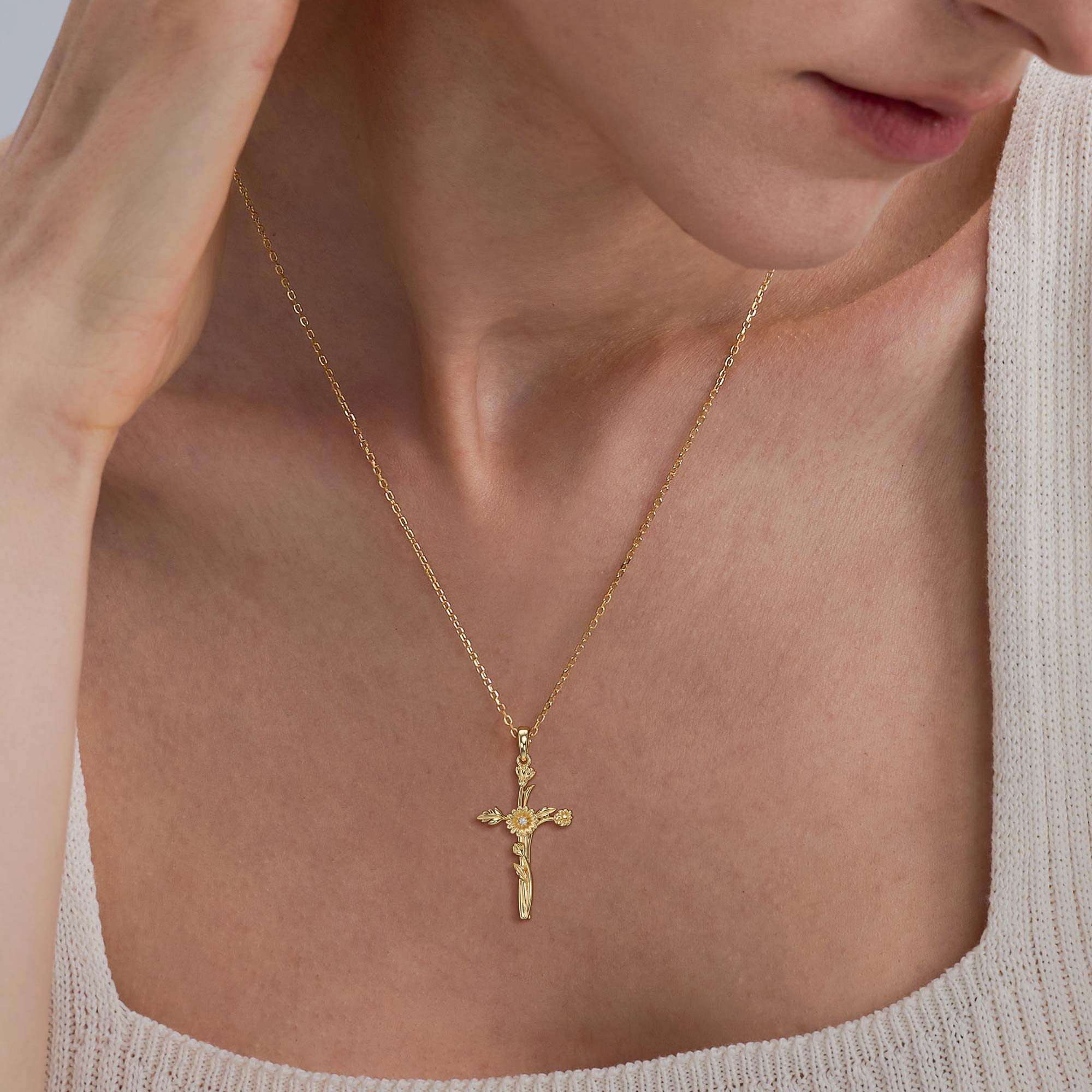 Birth Flower Cross Pendant Necklace