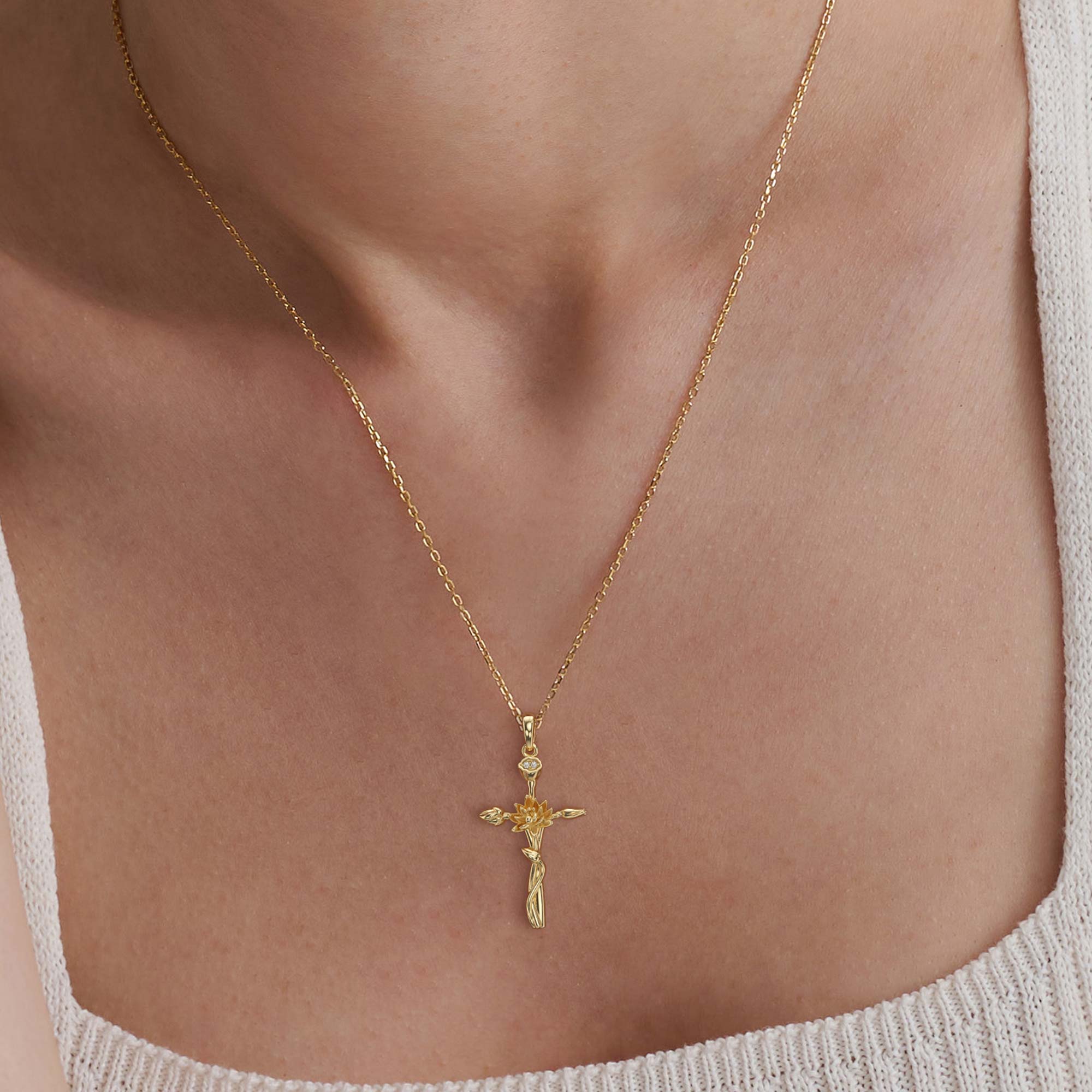 Floral Cross July Water Lily Birth Flower Necklace