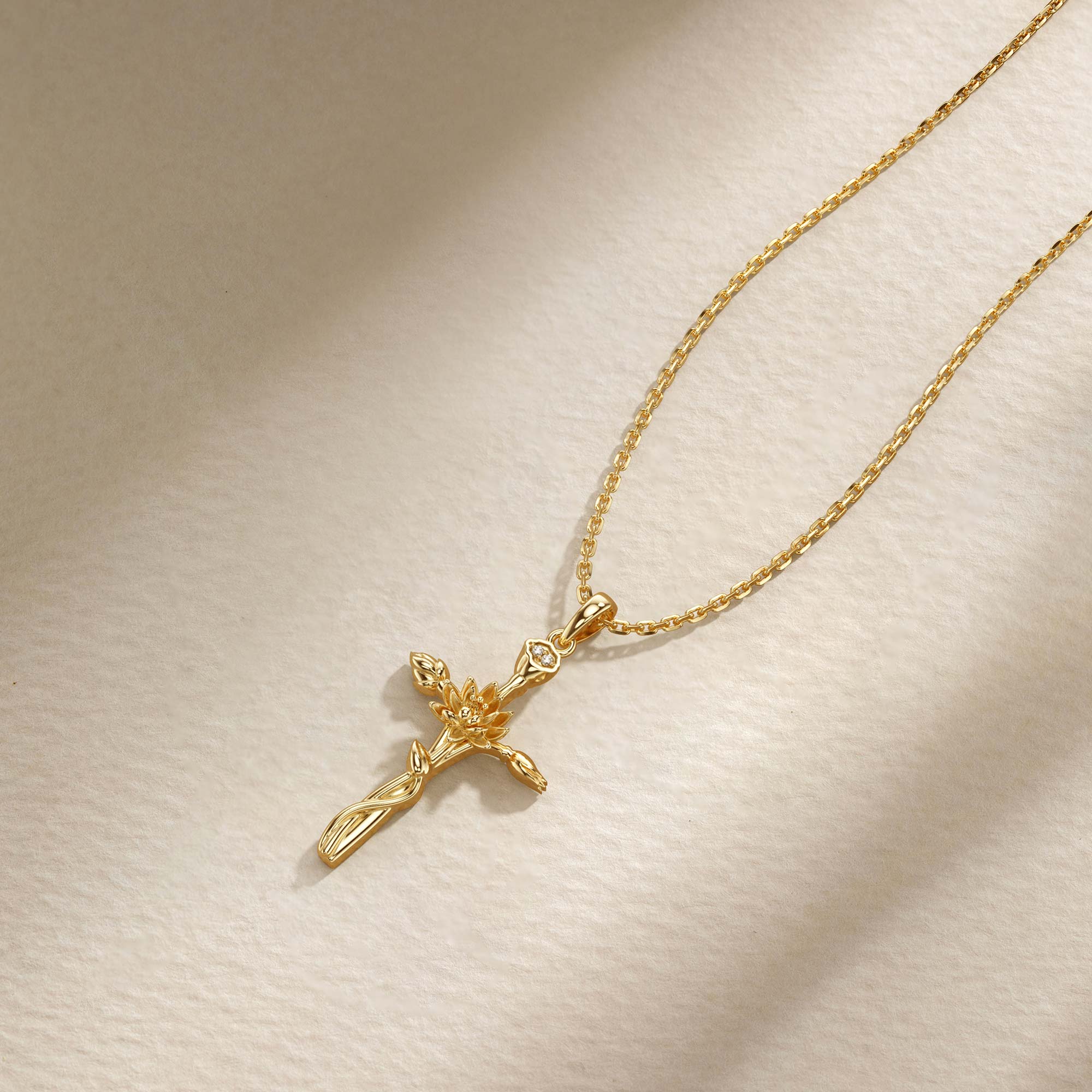 Floral Cross July Water Lily Birth Flower Necklace