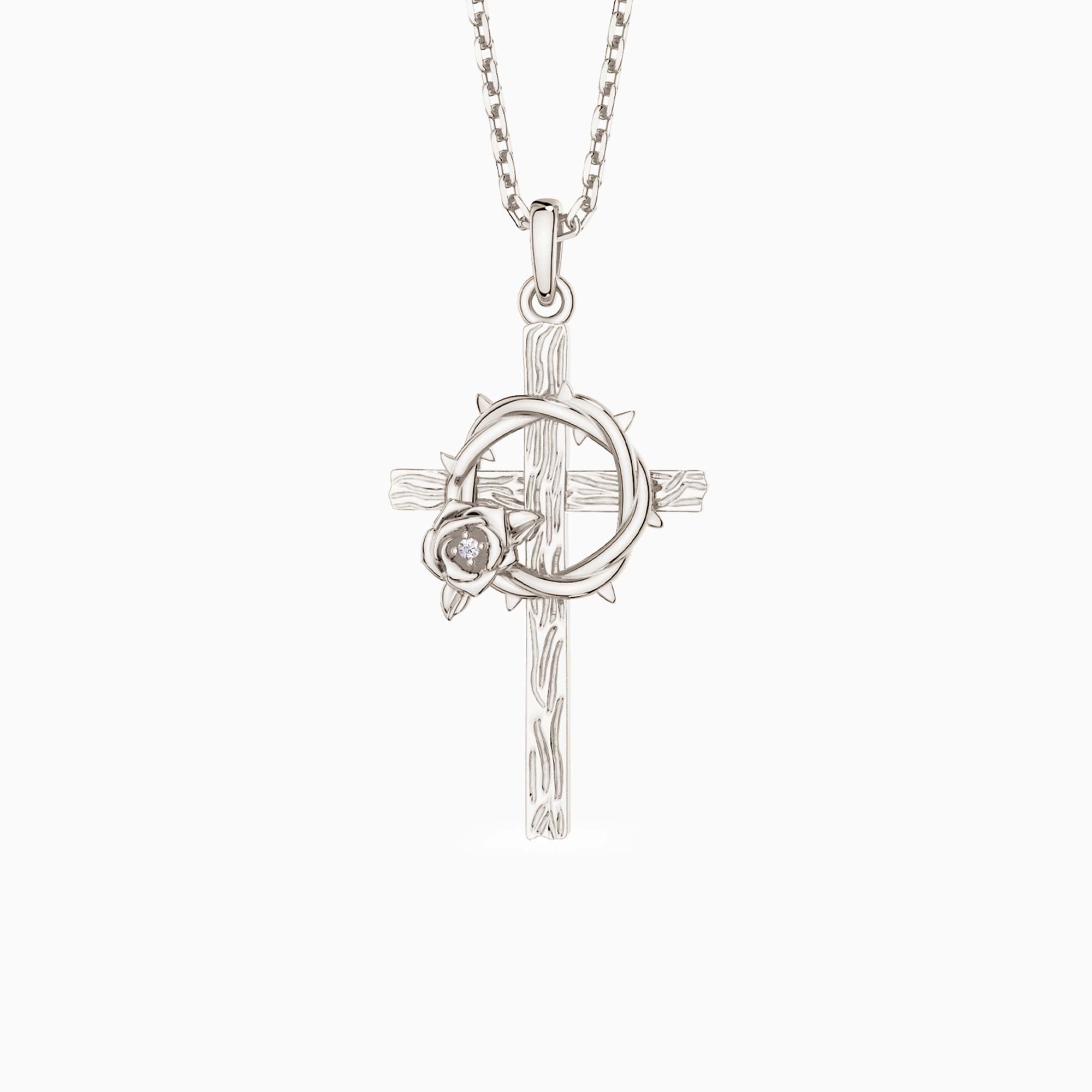 Crown of Thorns Rose Cross Pendant Necklace