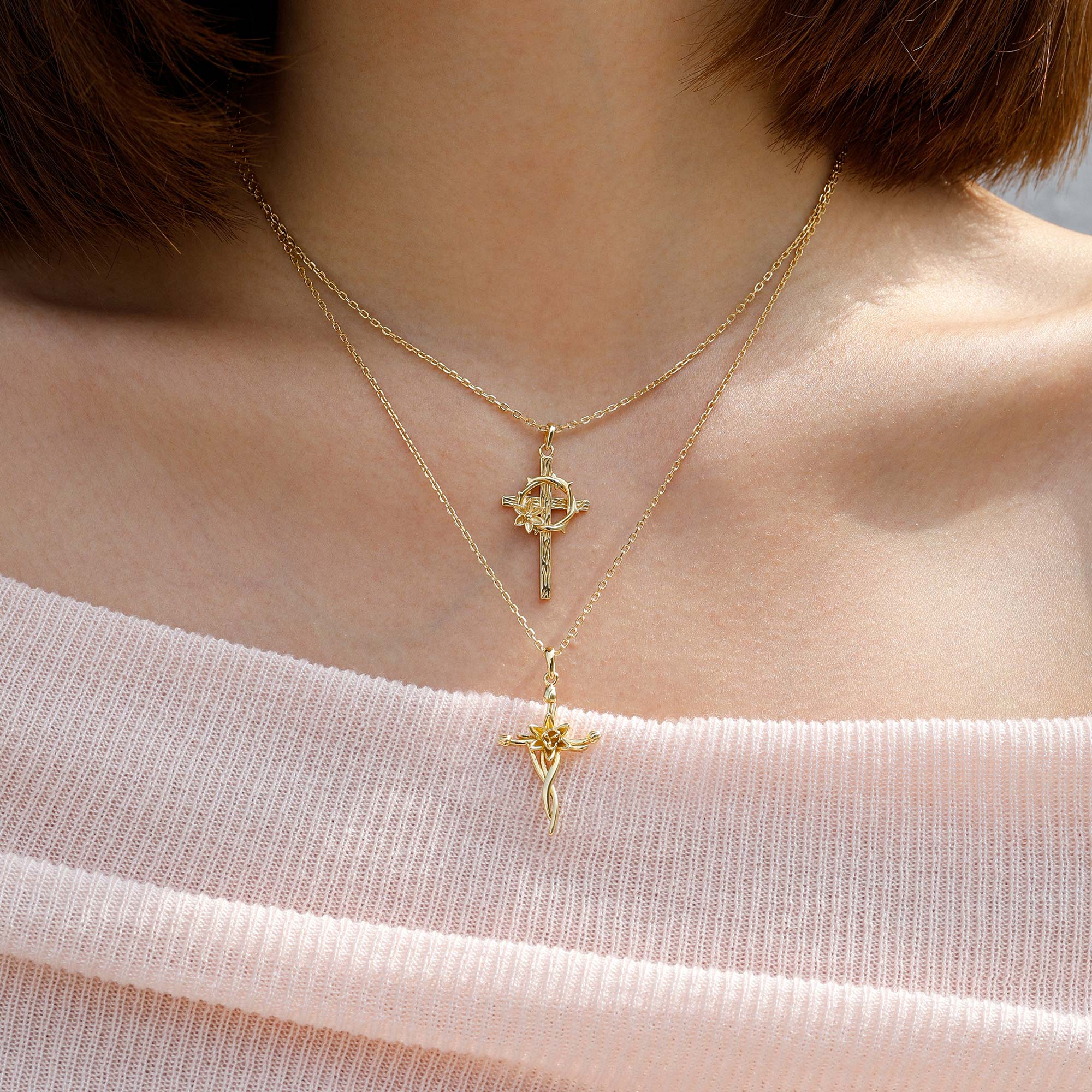 Floral Cross Tulip Pendant Necklace