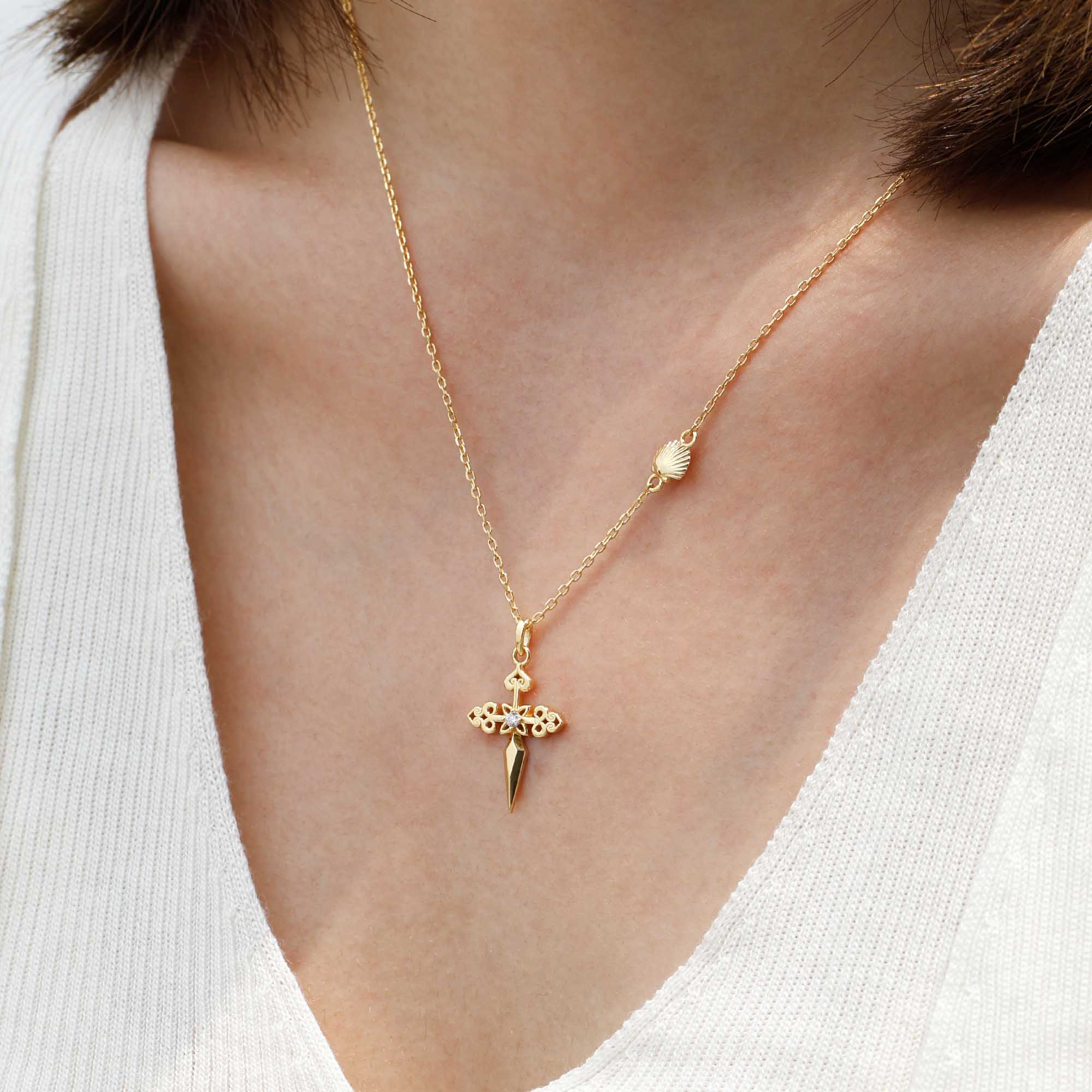 Fleur-de-Lis Seashell Cross Necklace