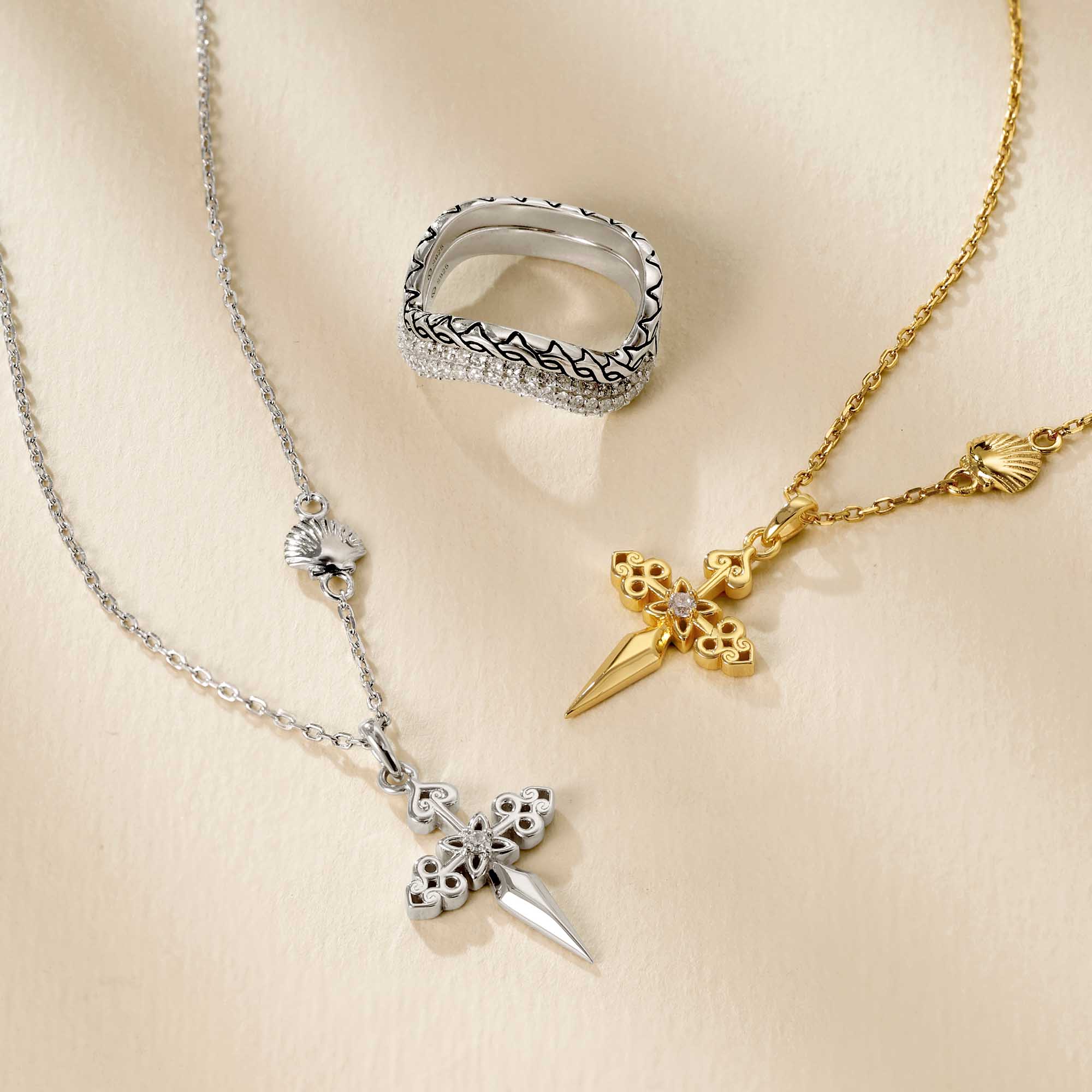 Fleur-de-Lis Seashell Cross Necklace