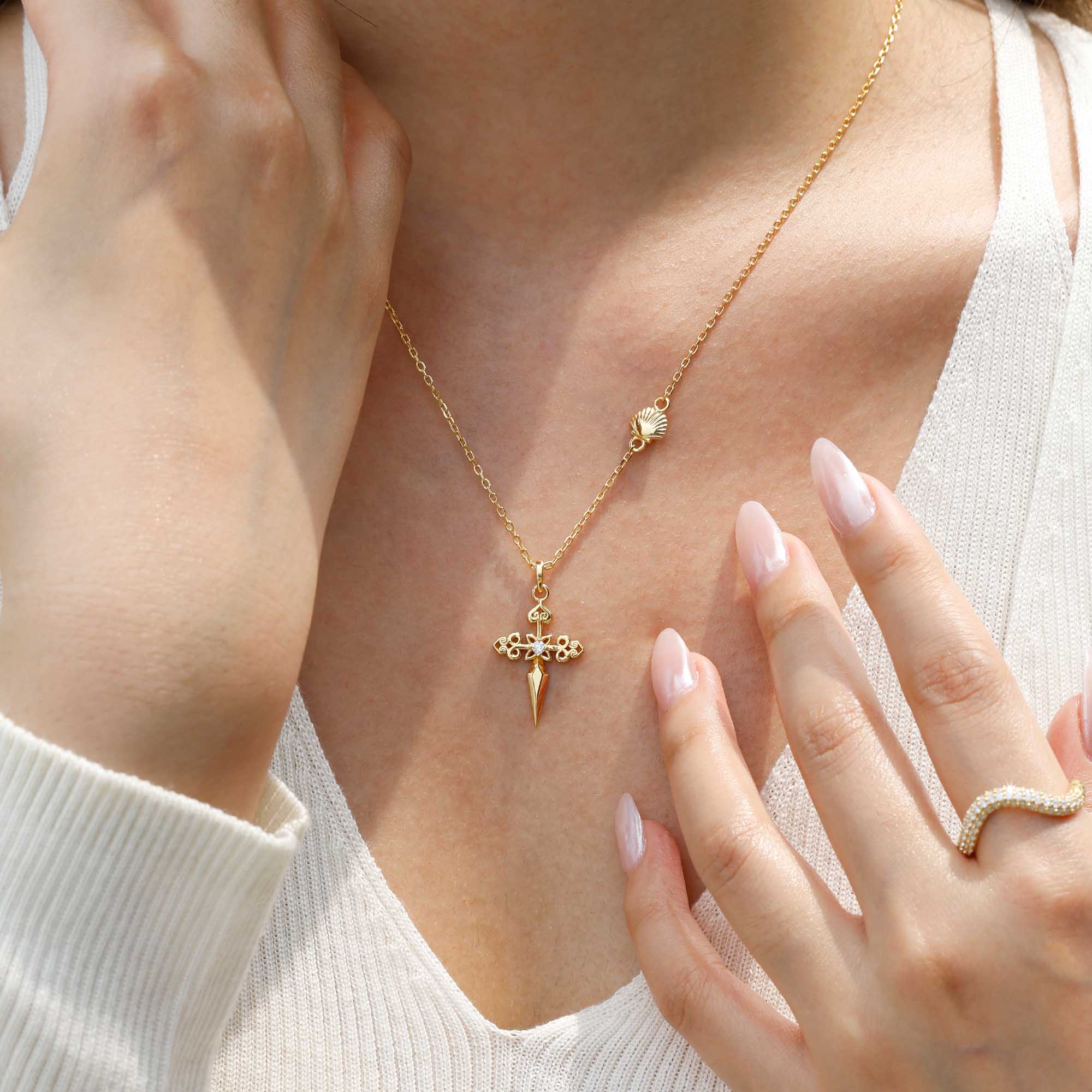 Fleur-de-Lis Seashell Cross Necklace