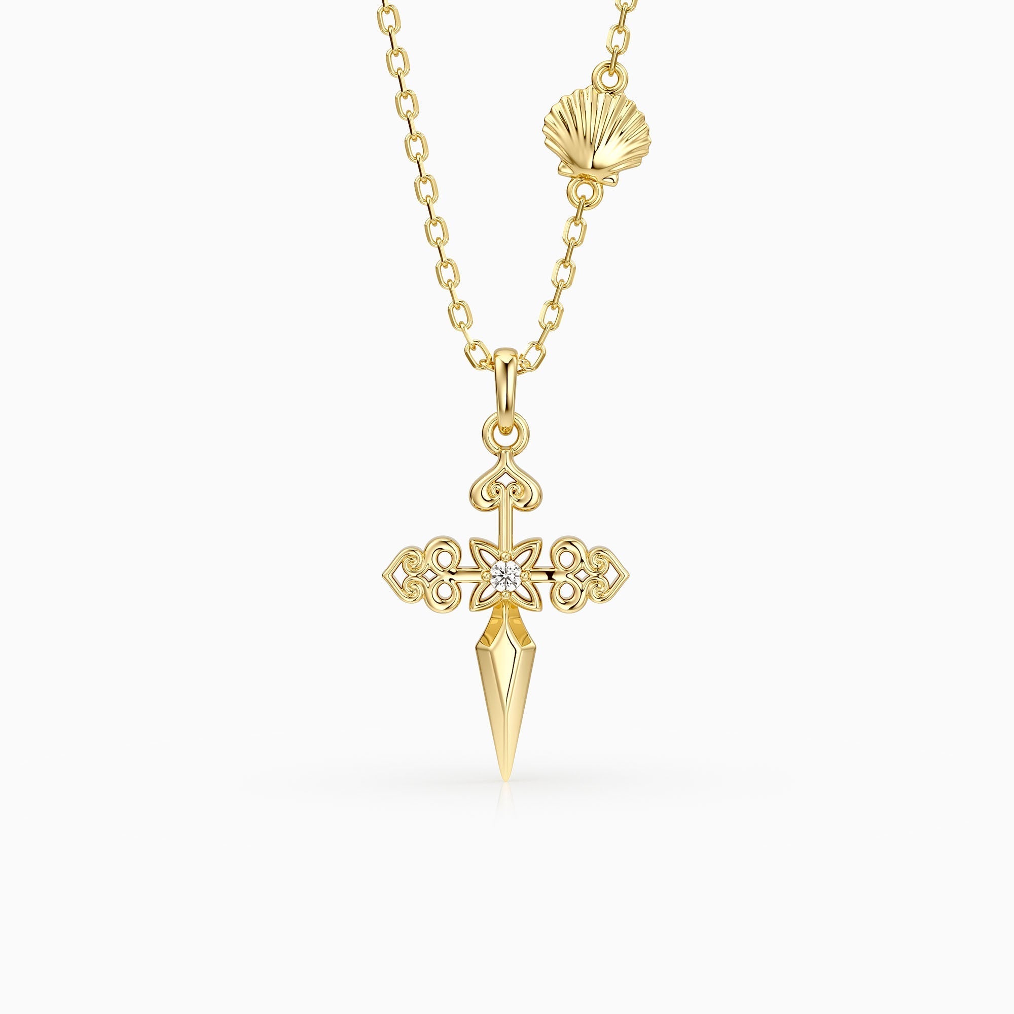 Fleur-de-Lis Seashell Cross Necklace