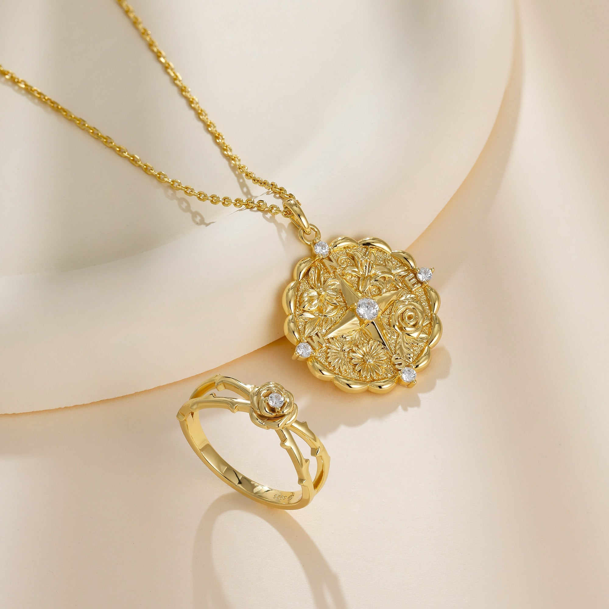 Floral Blessing Compass Medallion Necklace