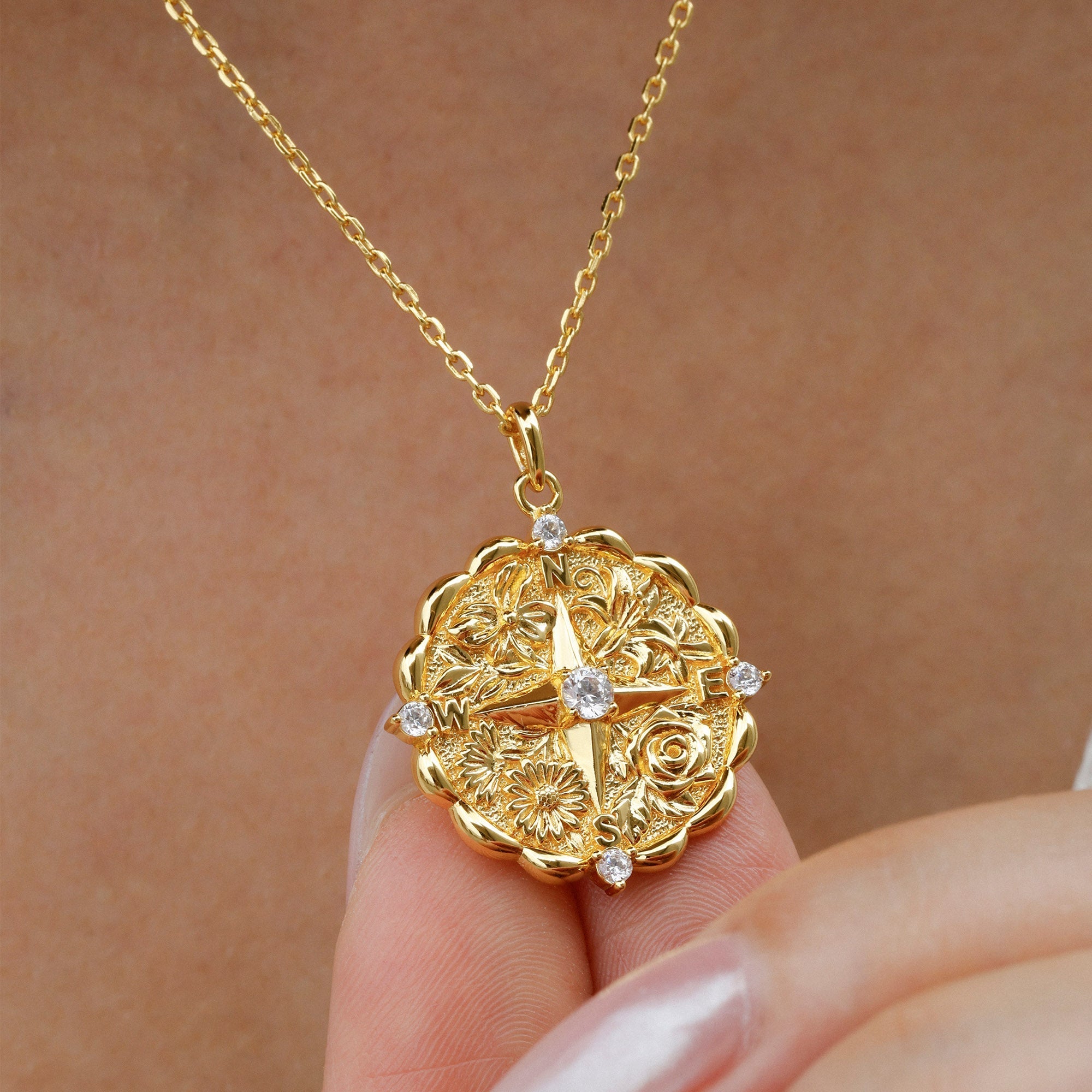 Floral Blessing Compass Medallion Necklace