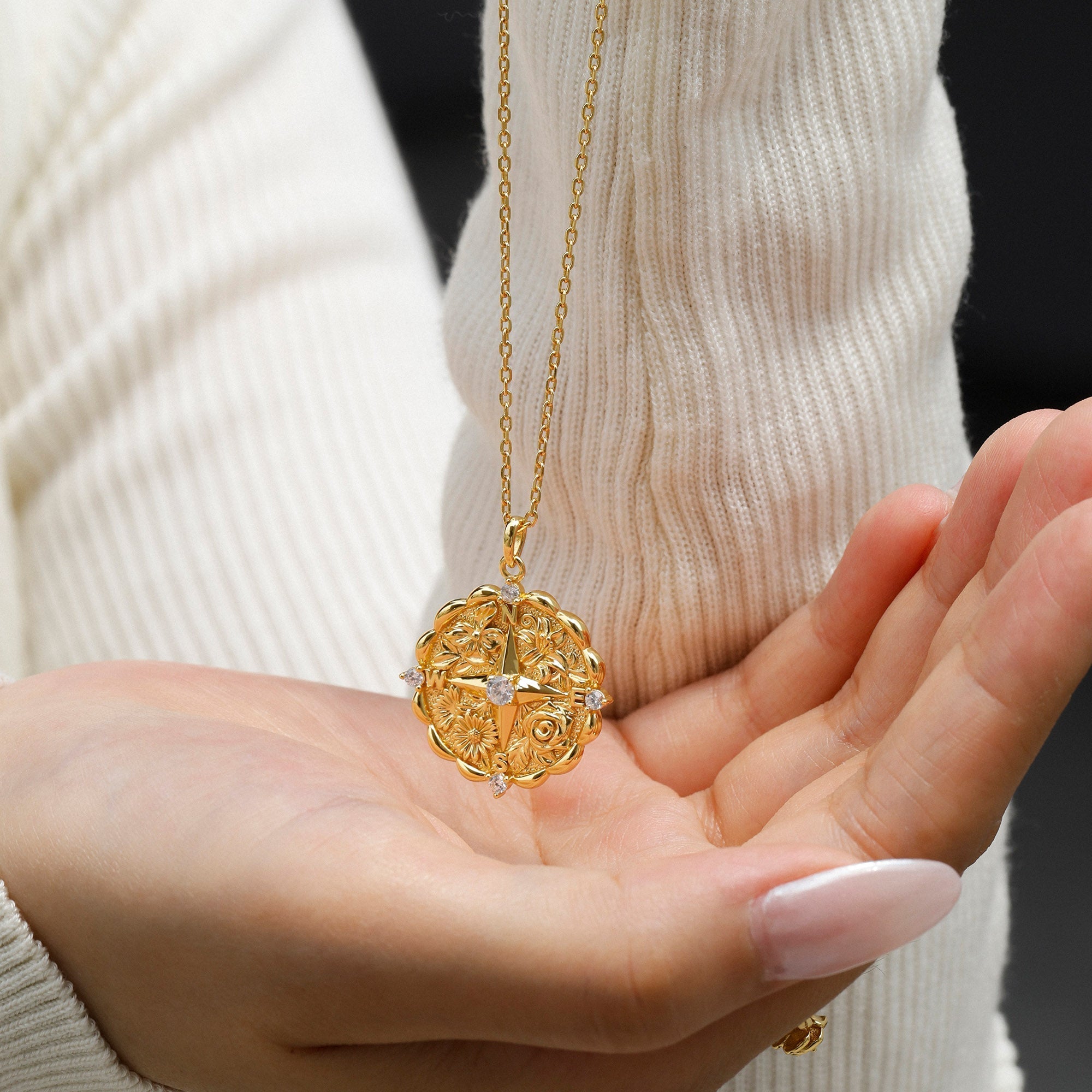 Floral Blessing Compass Medallion Necklace