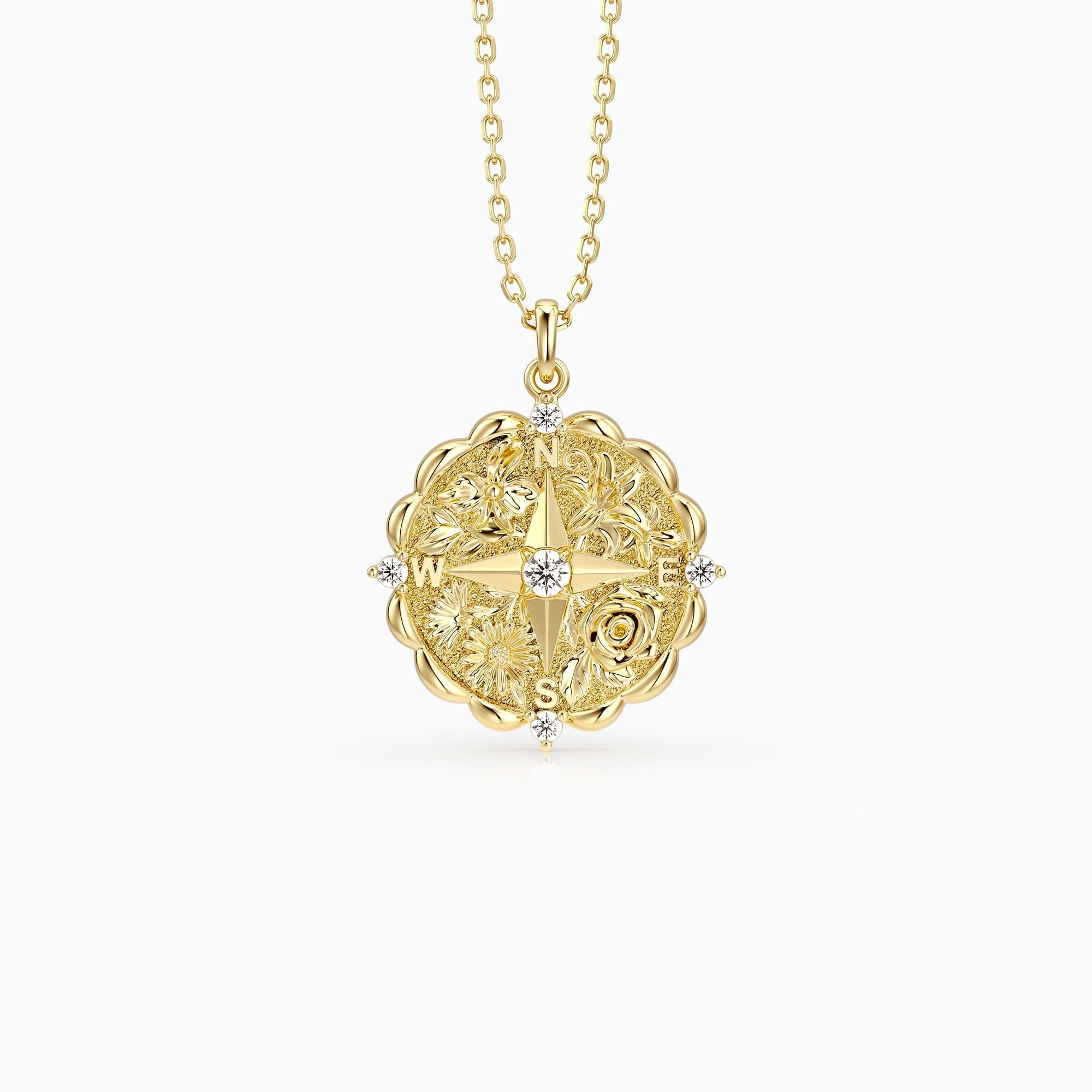 Personalized Floral Blessing Compass Medallion Necklace