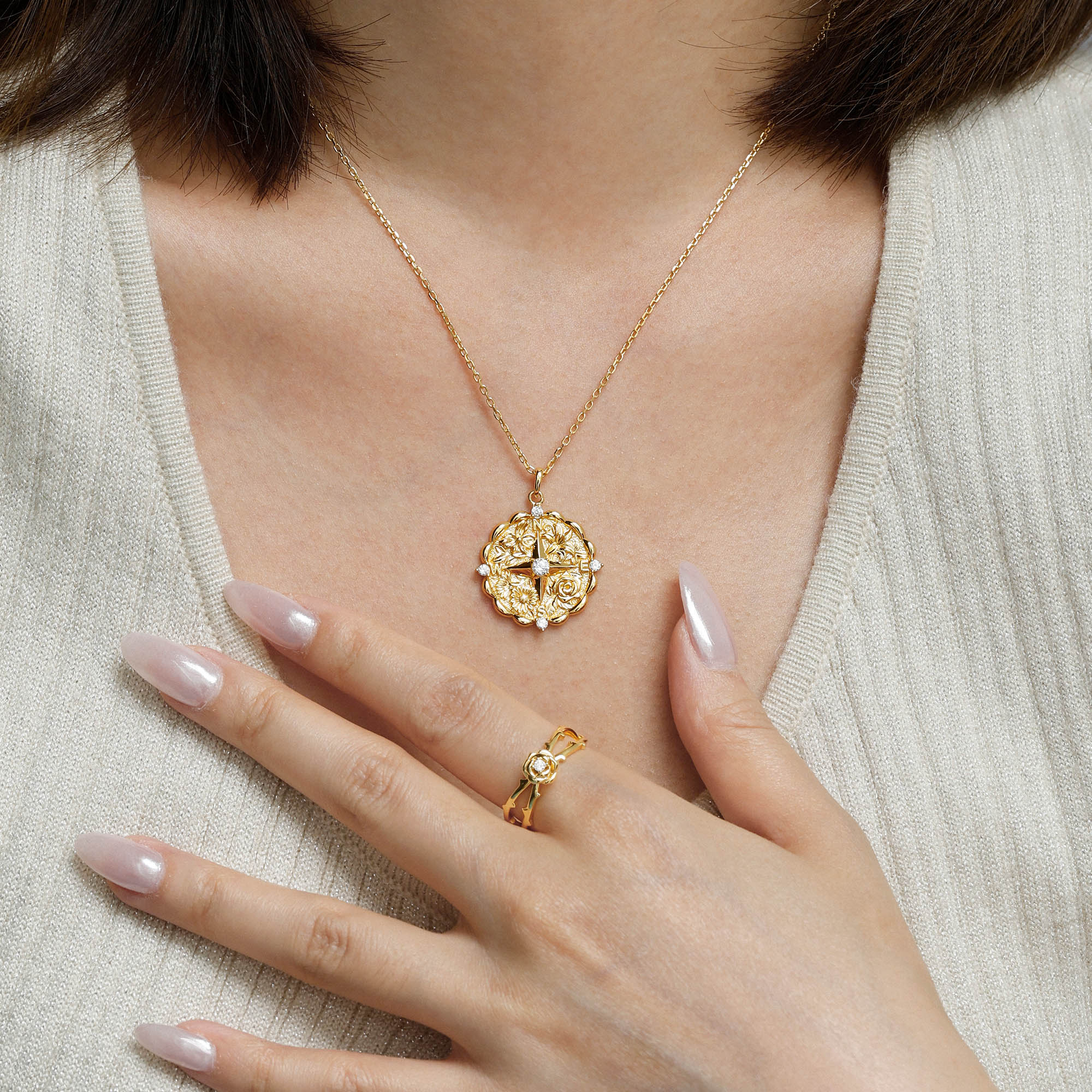 Floral Blessing Compass Medallion Necklace