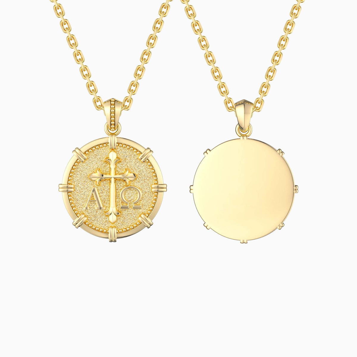 Personalized Alpha Omega Fleur-de-Lis Cross Medallion Necklace