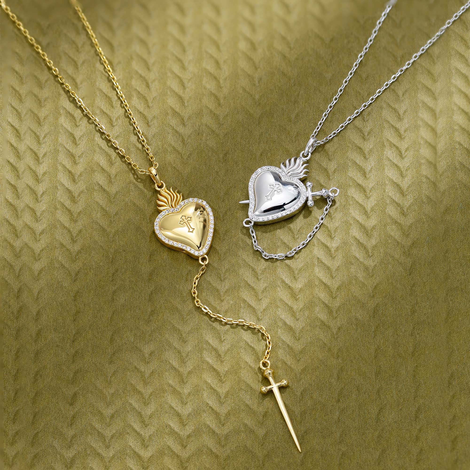 Flaming Heart with Dagger Necklace