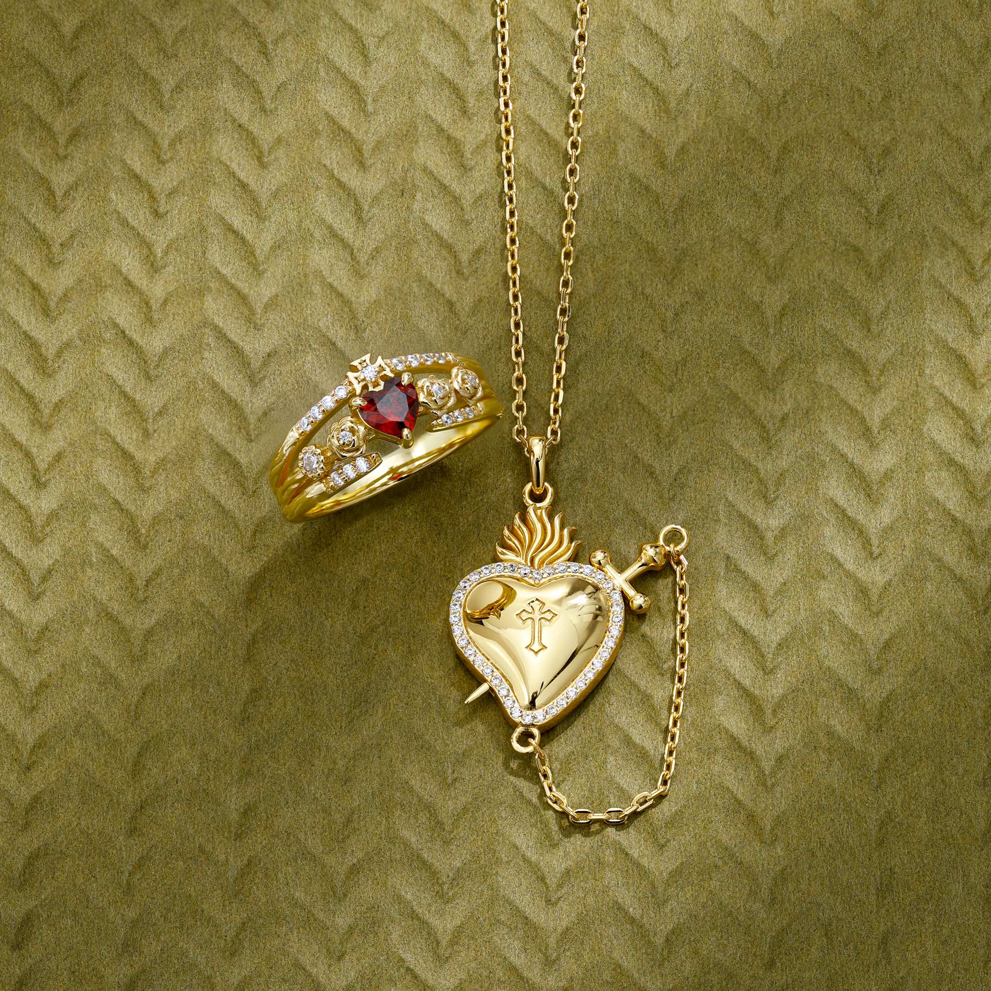 Flaming Heart with Dagger Necklace