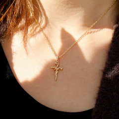 14K Solid Gold Snowdrop Birth Flower Cross Pendant